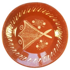 Vintage Continental Terracotta Slipware Decorated Dish, Signed, 20th Century