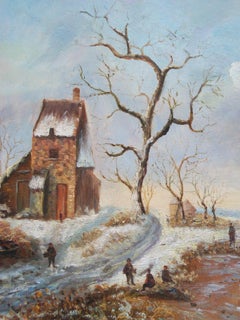 Vintage Continental Winter Landscape Painting - Unsigned - Mid 20th Century