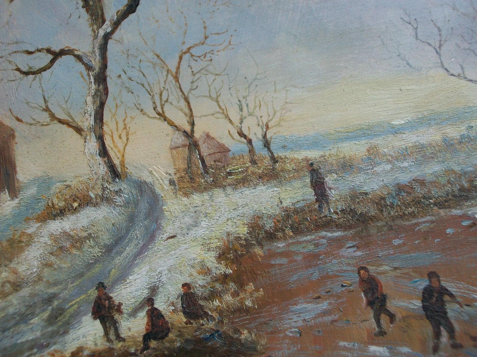 Colonial hollandais Vintage Continental Winter Landscape Painting - Non signé - Mid 20th Century en vente
