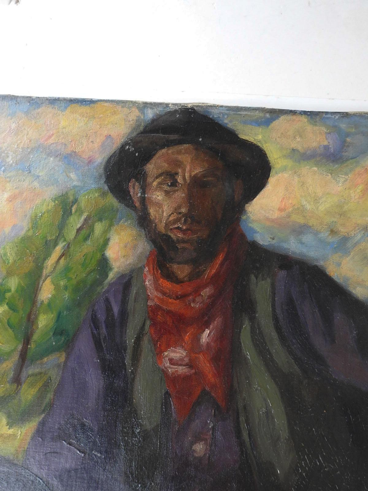 Vintage Continental Working Man Portrait Painting In Good Condition For Sale In Seguin, TX