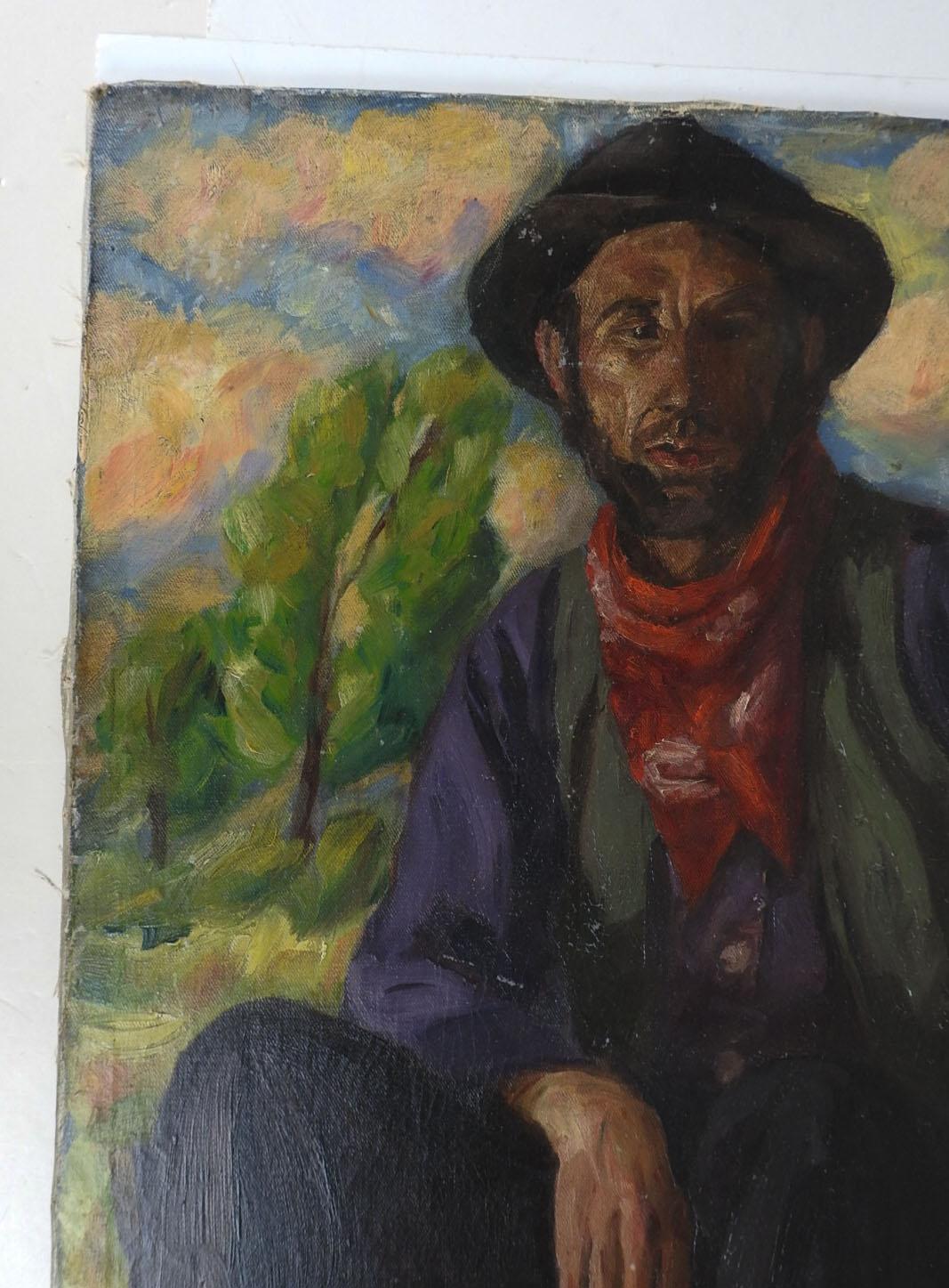 Canvas Vintage Continental Working Man Portrait Painting For Sale