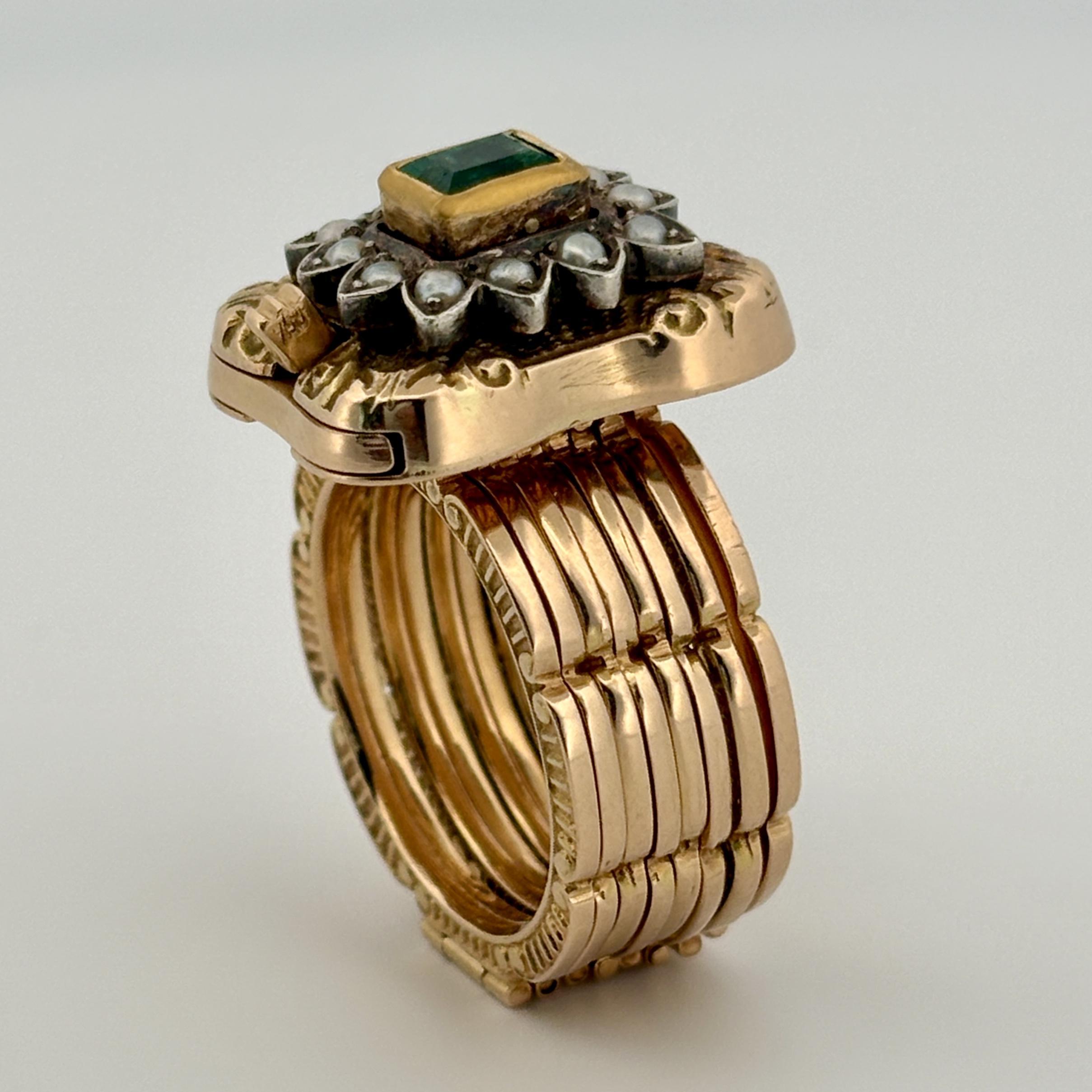 Vintage Convertible Emerald & Pearl Ring Bracelet 18k Yellow Gold Sz 6 1/2 en vente 6