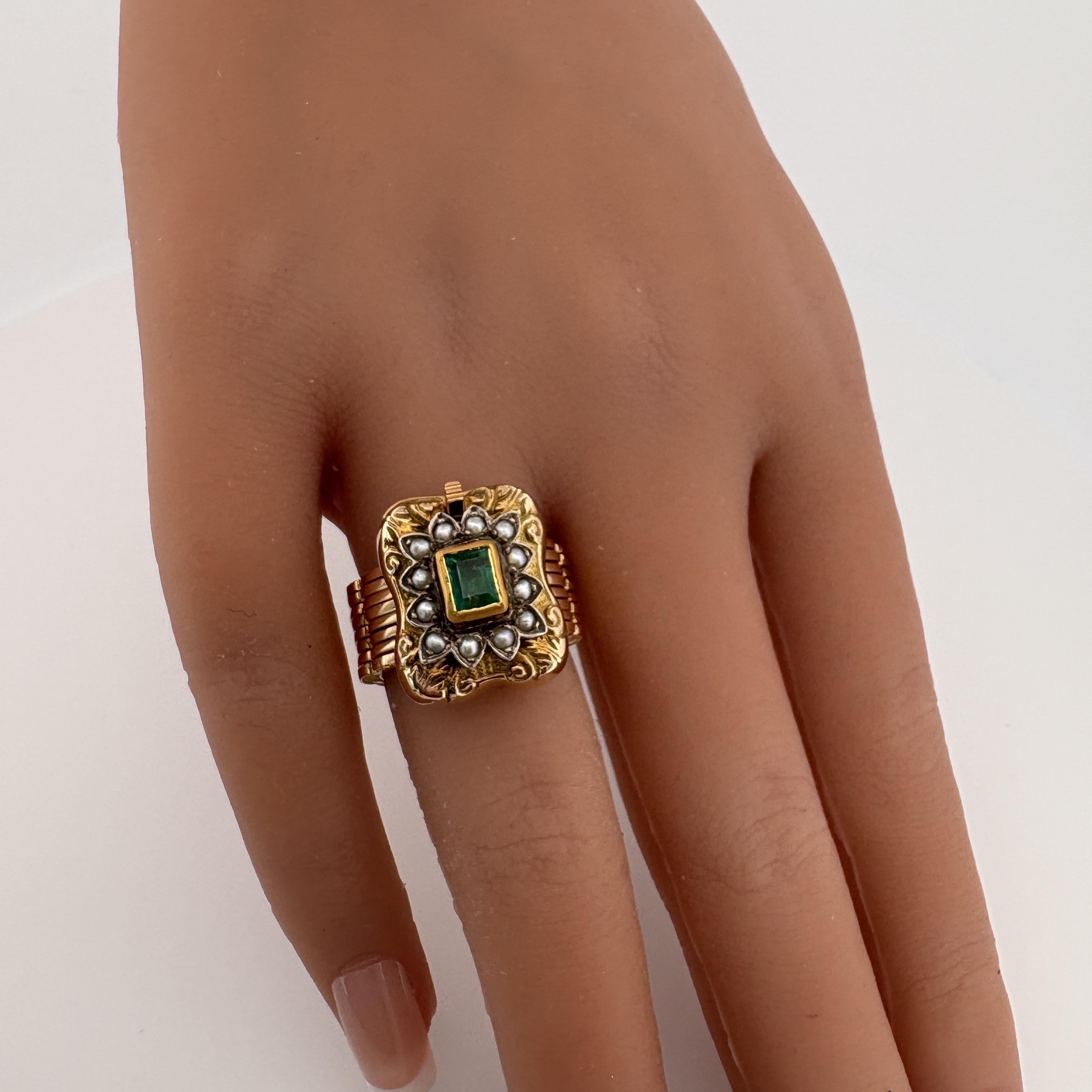 Vintage Convertible Emerald & Pearl Ring Bracelet 18k Yellow Gold Sz 6 1/2 en vente 8