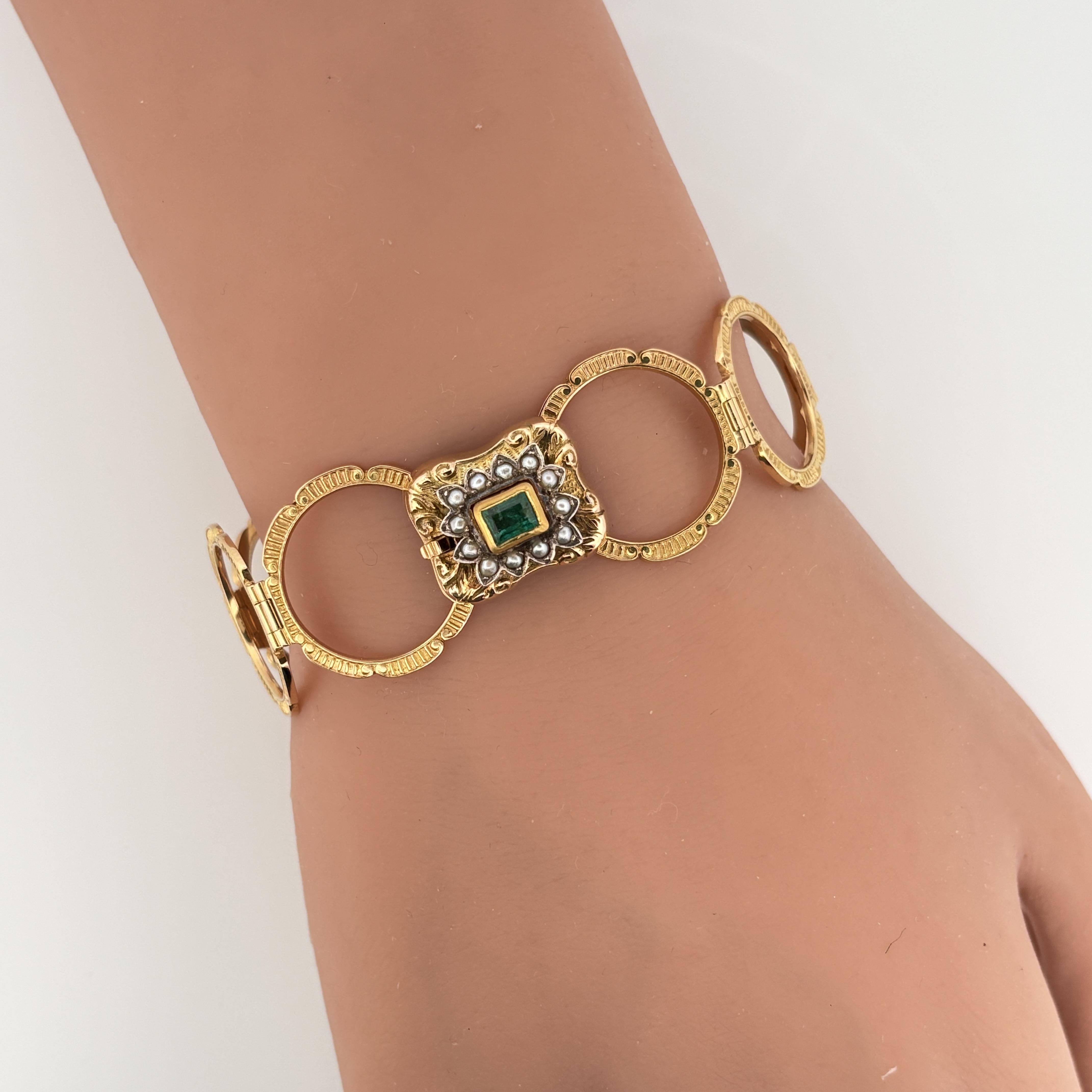 Vintage Convertible Emerald & Pearl Ring Bracelet 18k Yellow Gold Sz 6 1/2 en vente 9