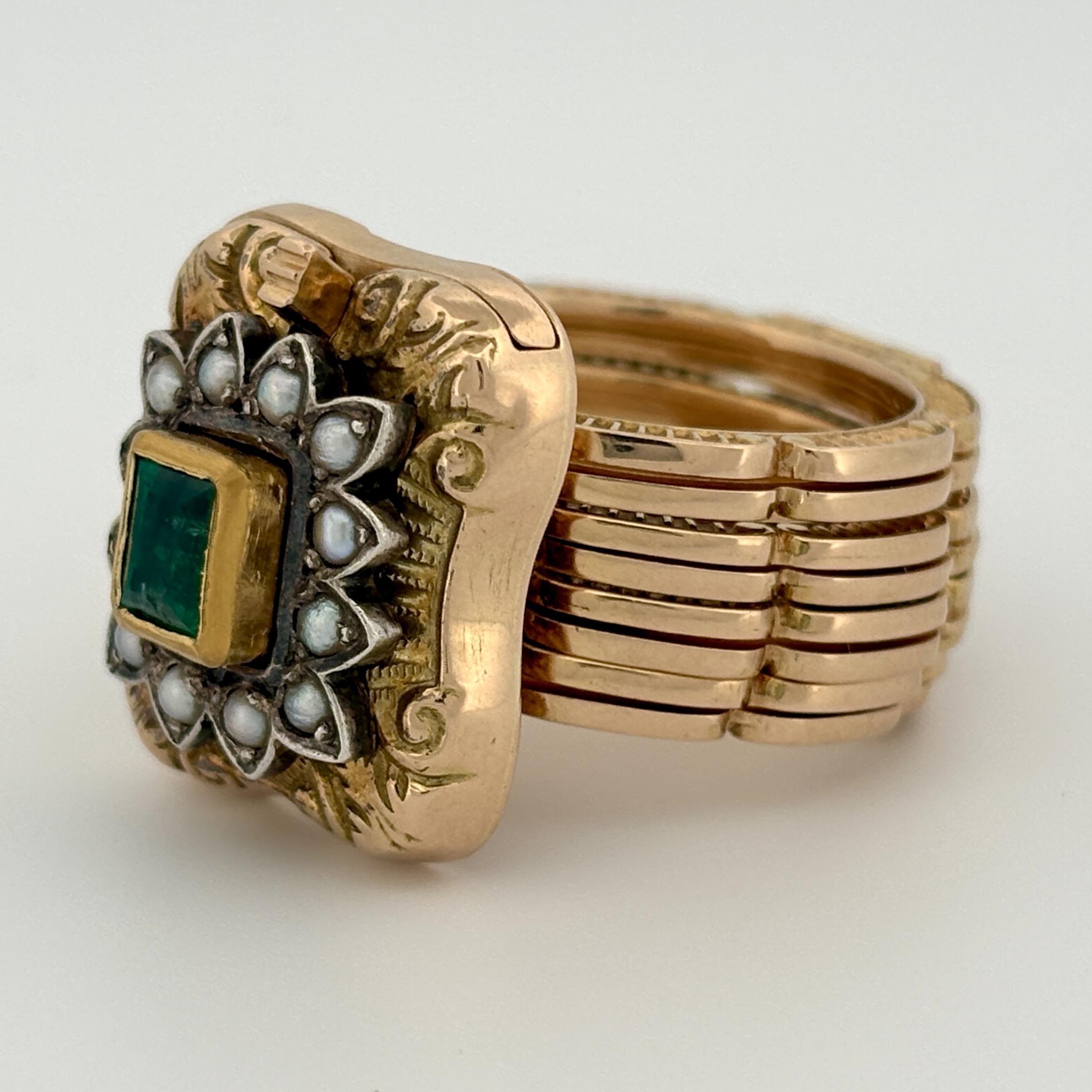 Vintage Convertible Emerald & Pearl Ring Bracelet 18k Yellow Gold Sz 6 1/2 en vente 4