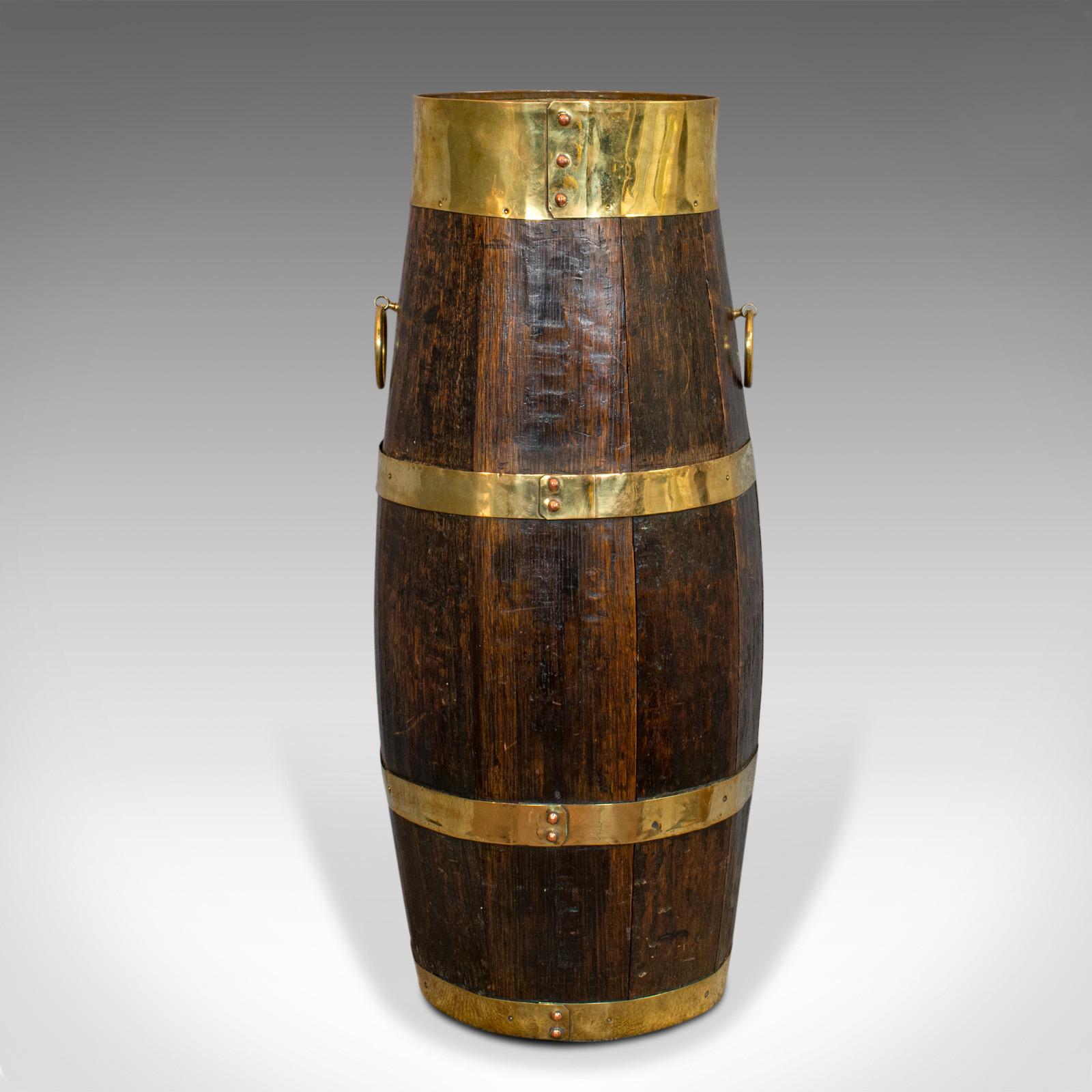 Vintage Coopered Barrel, English, Oak, Brass, Art Deco, Stick, Umbrella, Stand 1