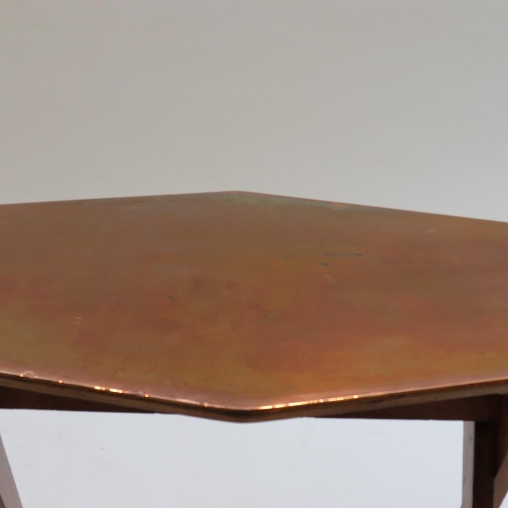 Vintage Copper and Oak Hexagonal Side Table, 1950s 2