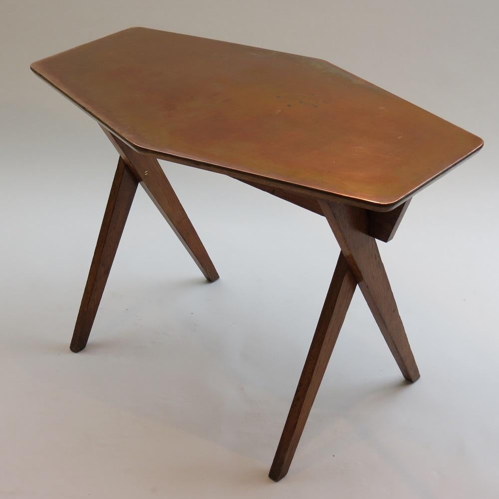 Vintage Copper and Oak Hexagonal Side Table, 1950s For Sale 2