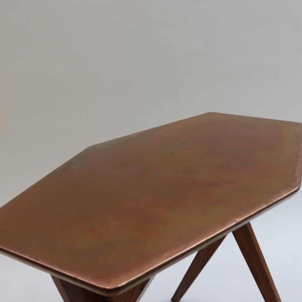 Mid-Century Modern Vintage Copper and Oak Hexagonal Side Table, 1950s