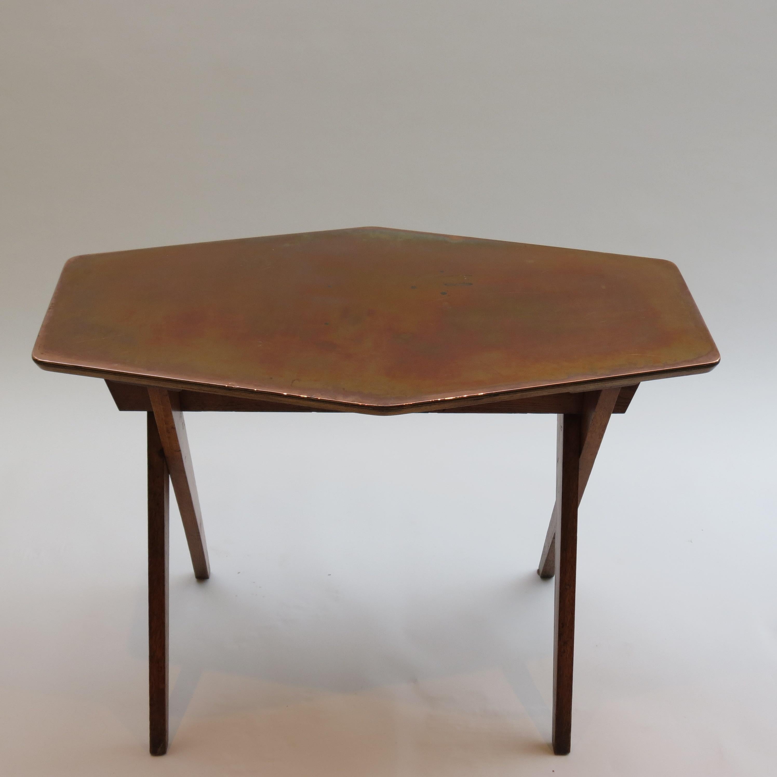 Vintage Copper and Oak Hexagonal Side Table, 1950s In Good Condition In Stow on the Wold, GB