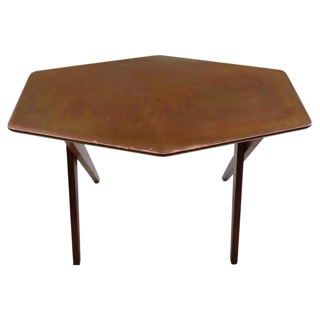 Vintage Copper and Oak Hexagonal Side Table, 1950s For Sale