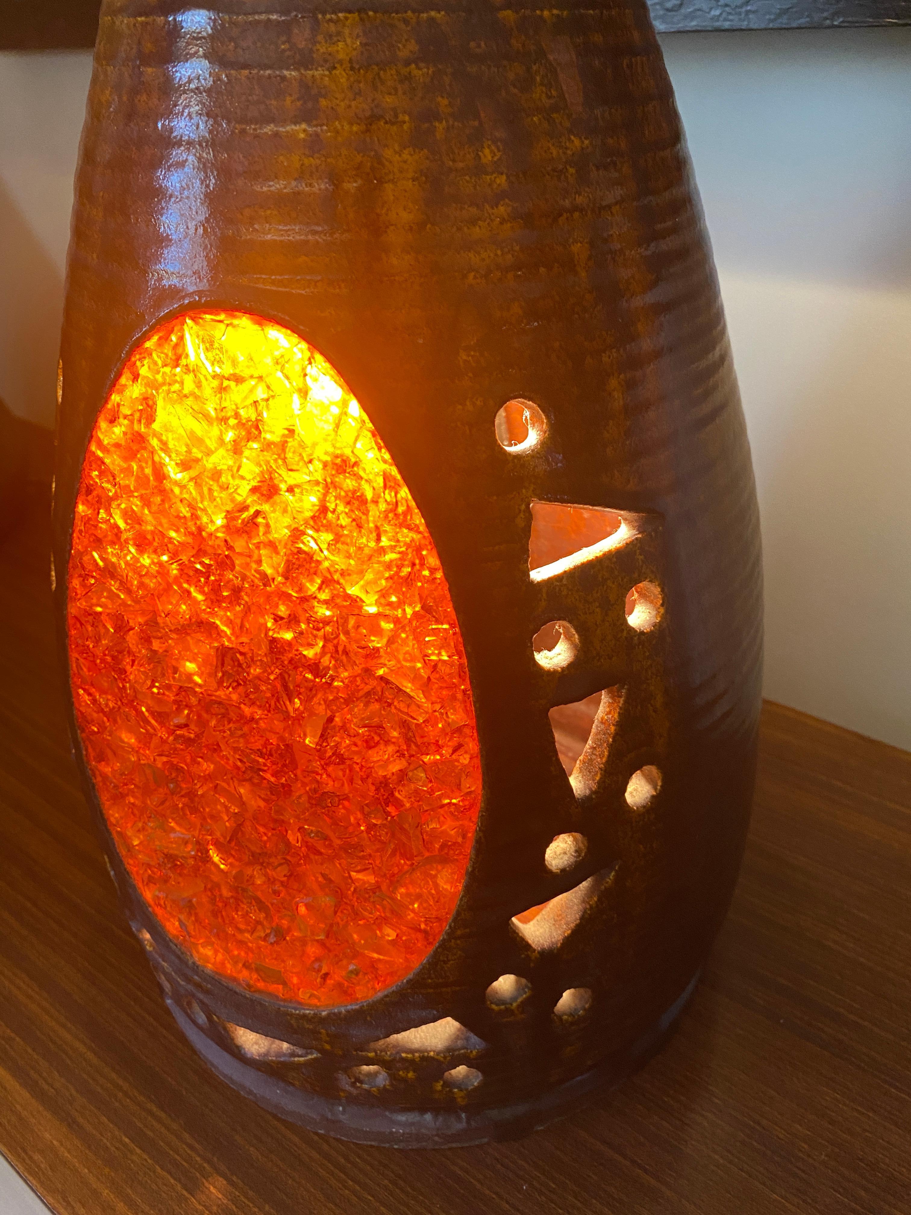 French Vintage Copper and Resin Ceramic Lamp 1970