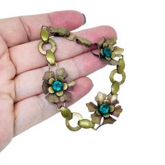Vintage copper brass rhinestones flowers designer link bracelet