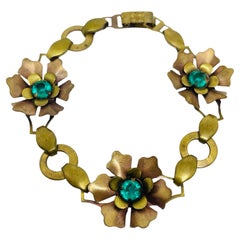 Vintage copper brass rhinestones flowers designer link bracelet