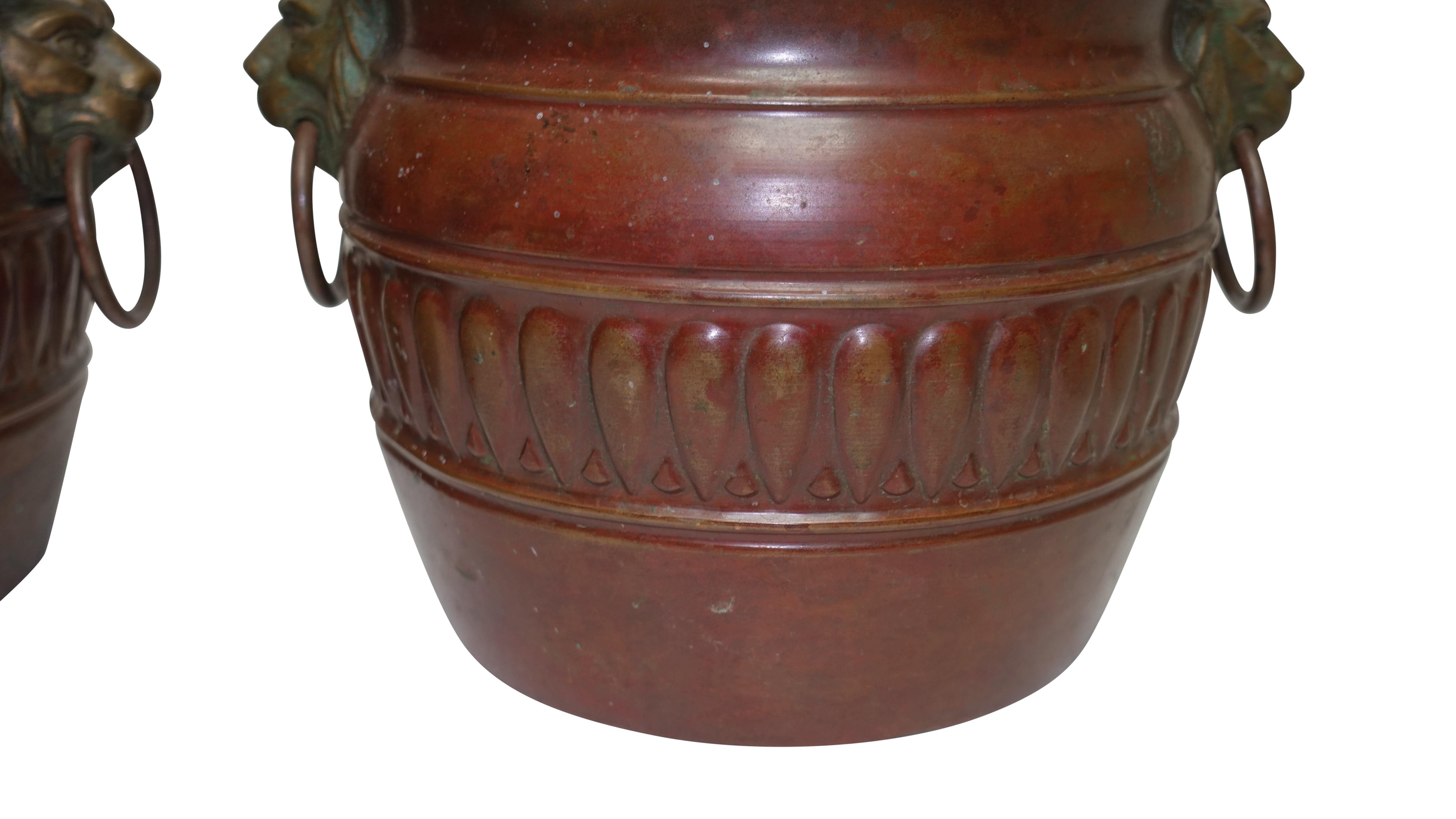 Vintage Copper Cachepots with Red Patinated Finish, Italian, circa 1930s 1