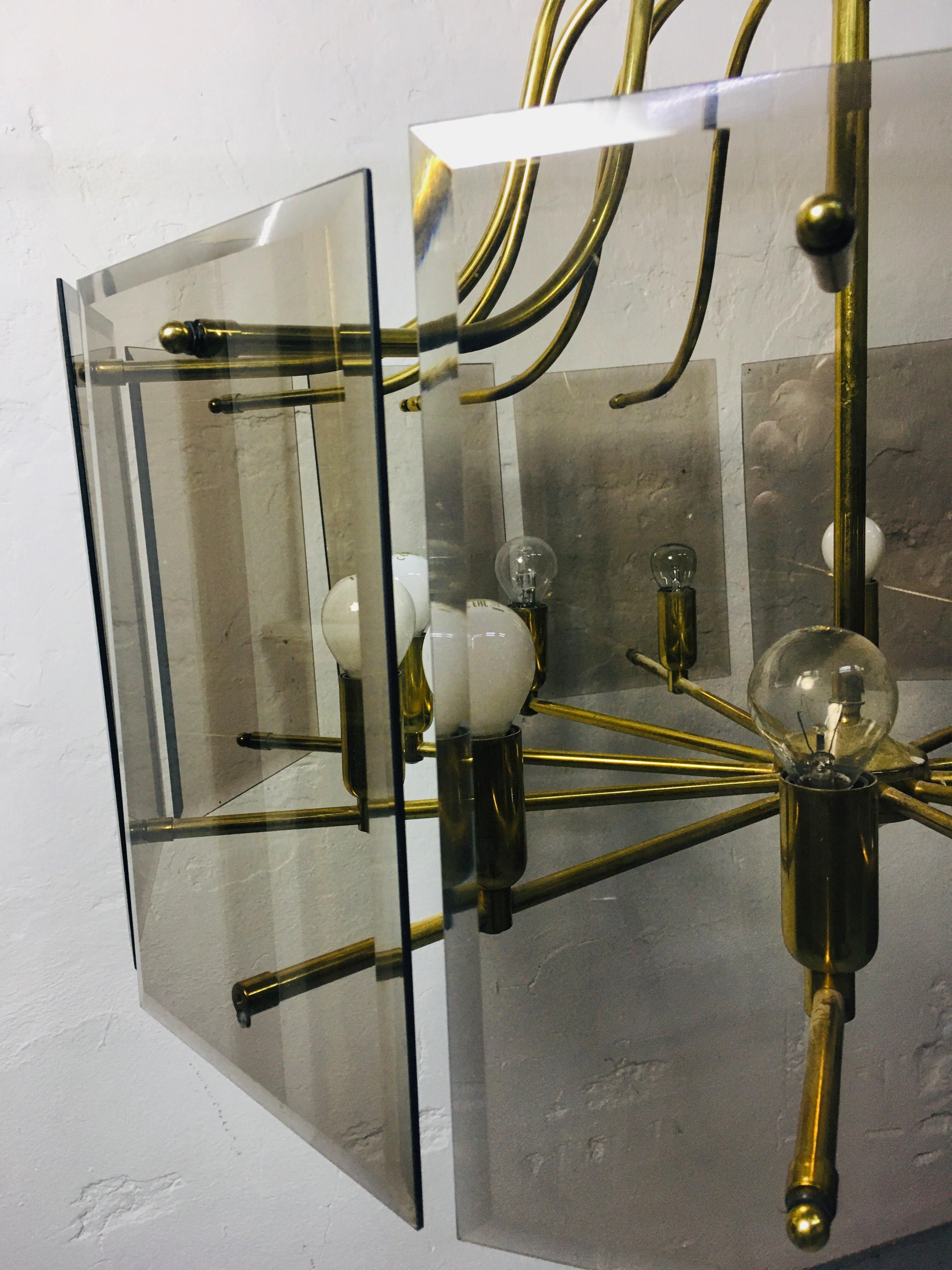Mid-Century Modern Vintage Copper Chandelier with Smoke Colored Glass Panels, 1970s For Sale