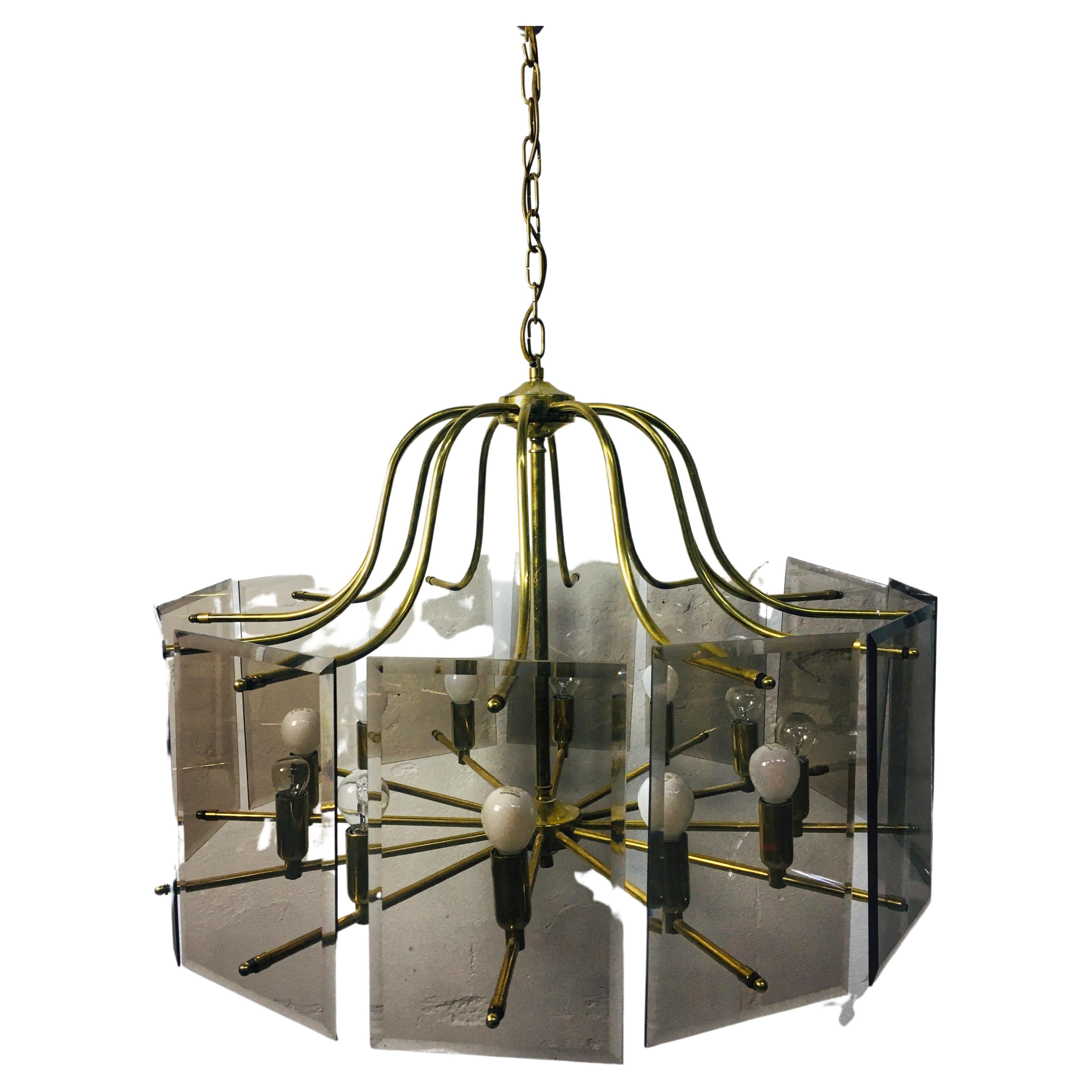 Vintage Copper Chandelier with Smoke Colored Glass Panels, 1970s For Sale