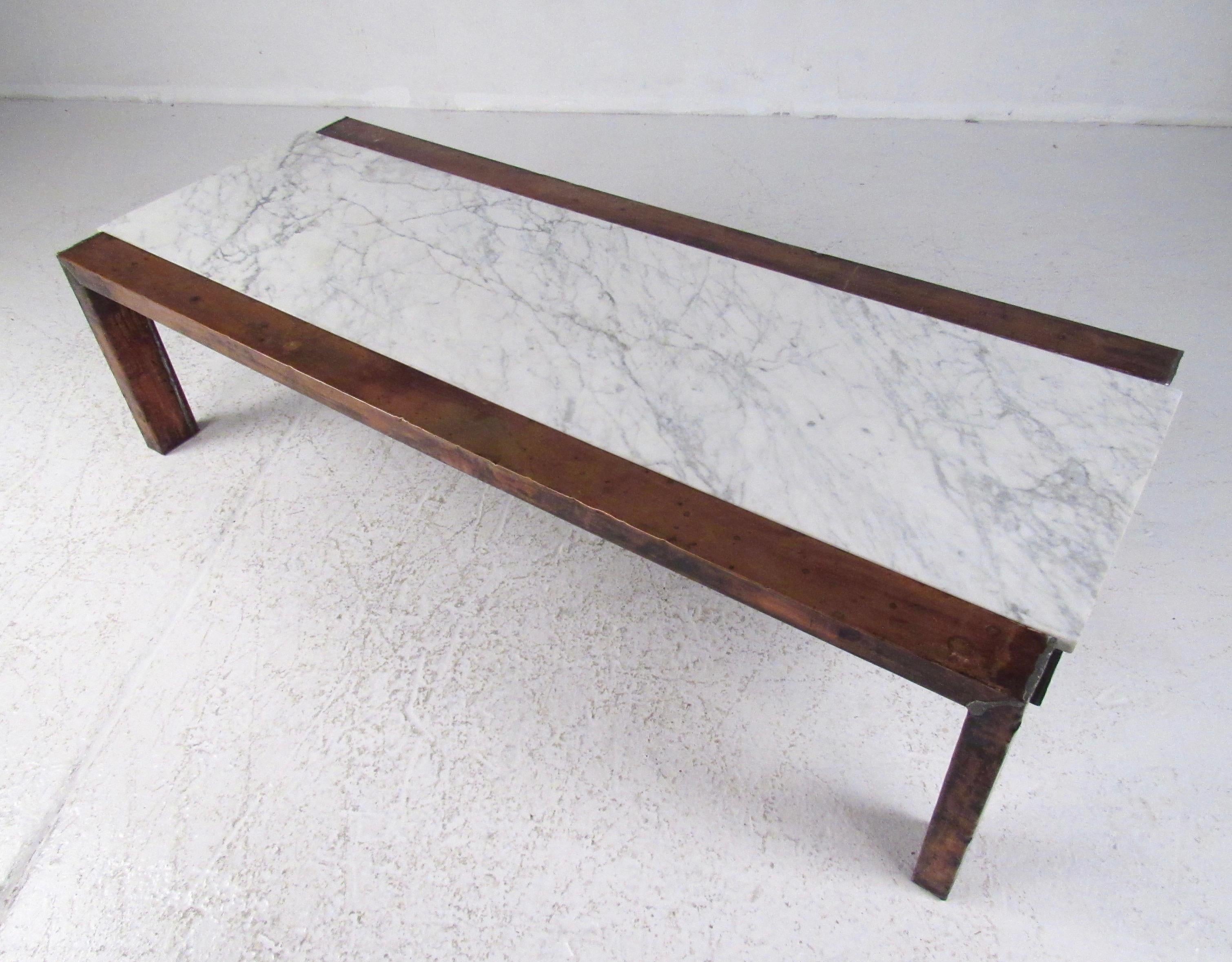 Mid-Century Modern Vintage Copper Coffee Table with Marble Top For Sale