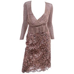 Vintage Copper Crochet Knit Top & Sequin Lace Skirt 2 Pc Evening Outfit