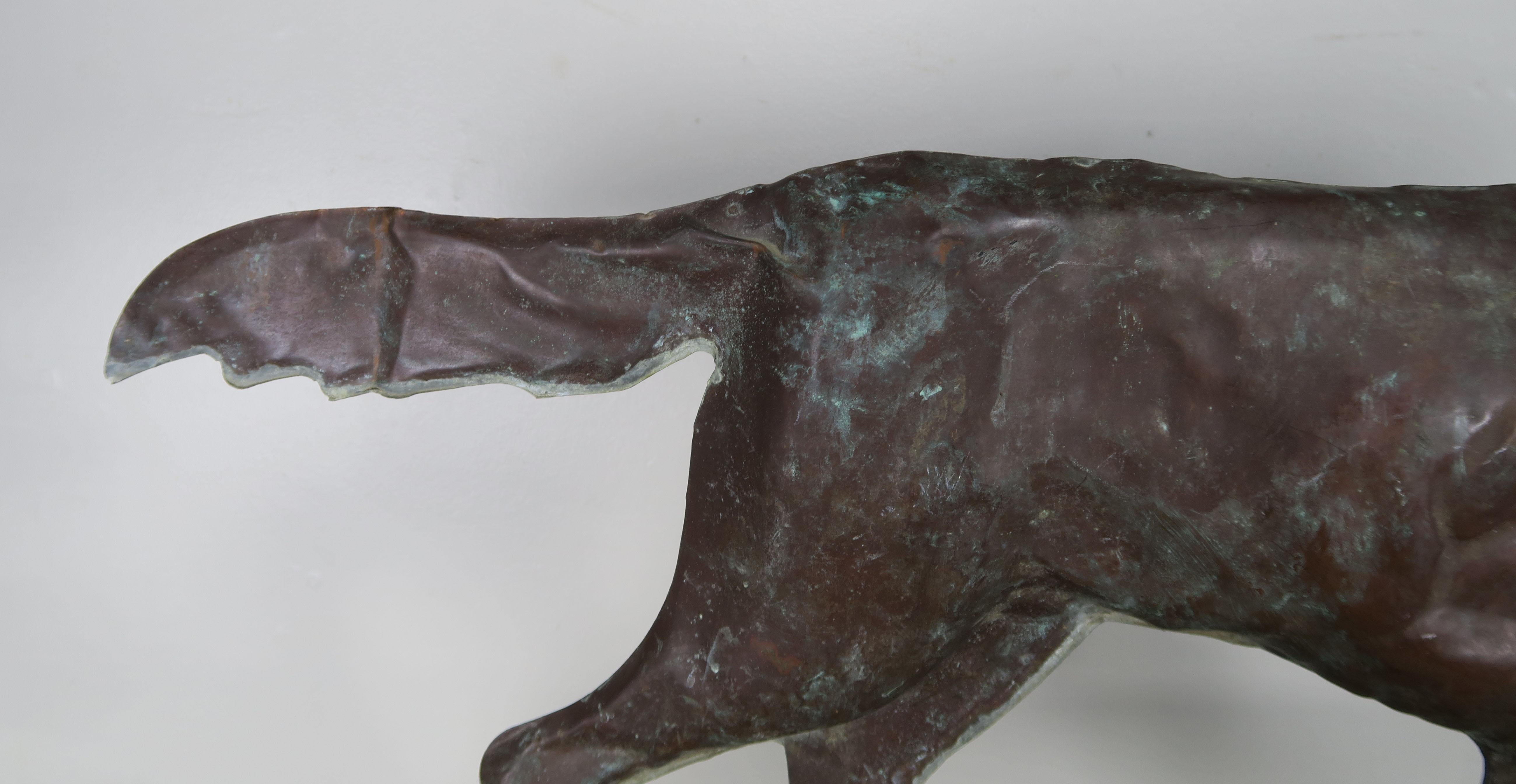 Vintage Copper Dog Weathervane Mounted on Iron and Wood Base In Distressed Condition In Los Angeles, CA