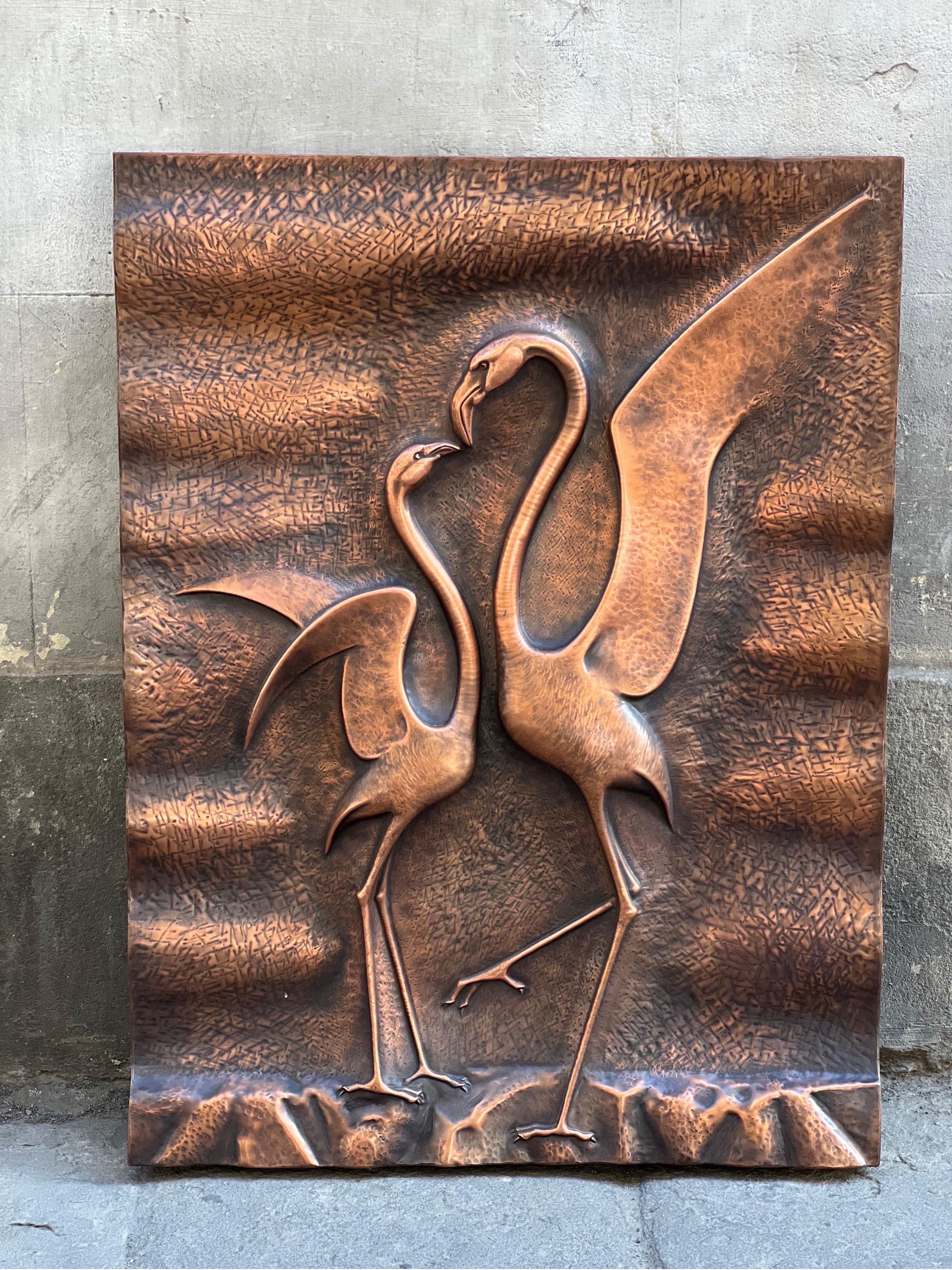 Vintage Copper Embossed Wall Panel Sculpture Representing Two Swans, 1970s 1