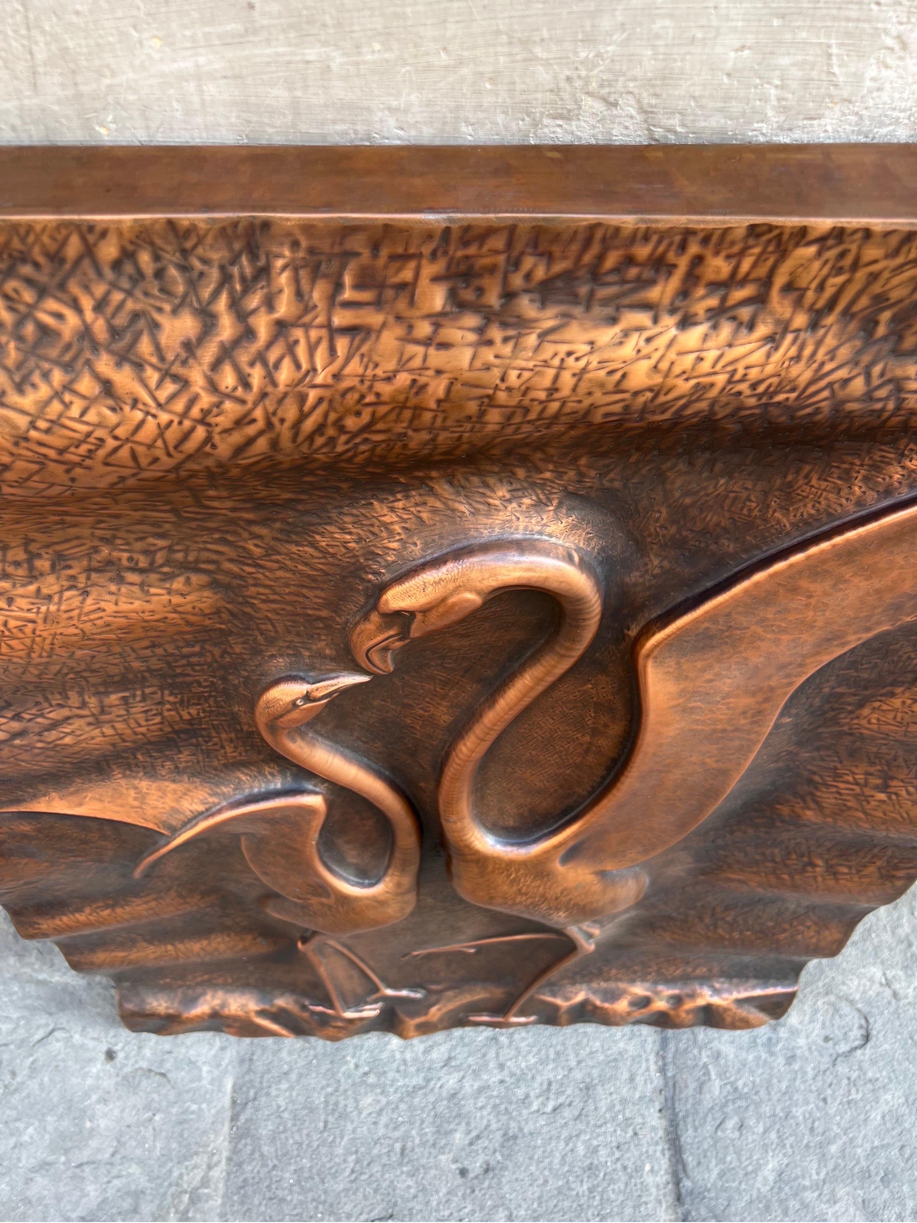 Vintage Copper Embossed Wall Panel Sculpture Representing Two Swans, 1970s 3