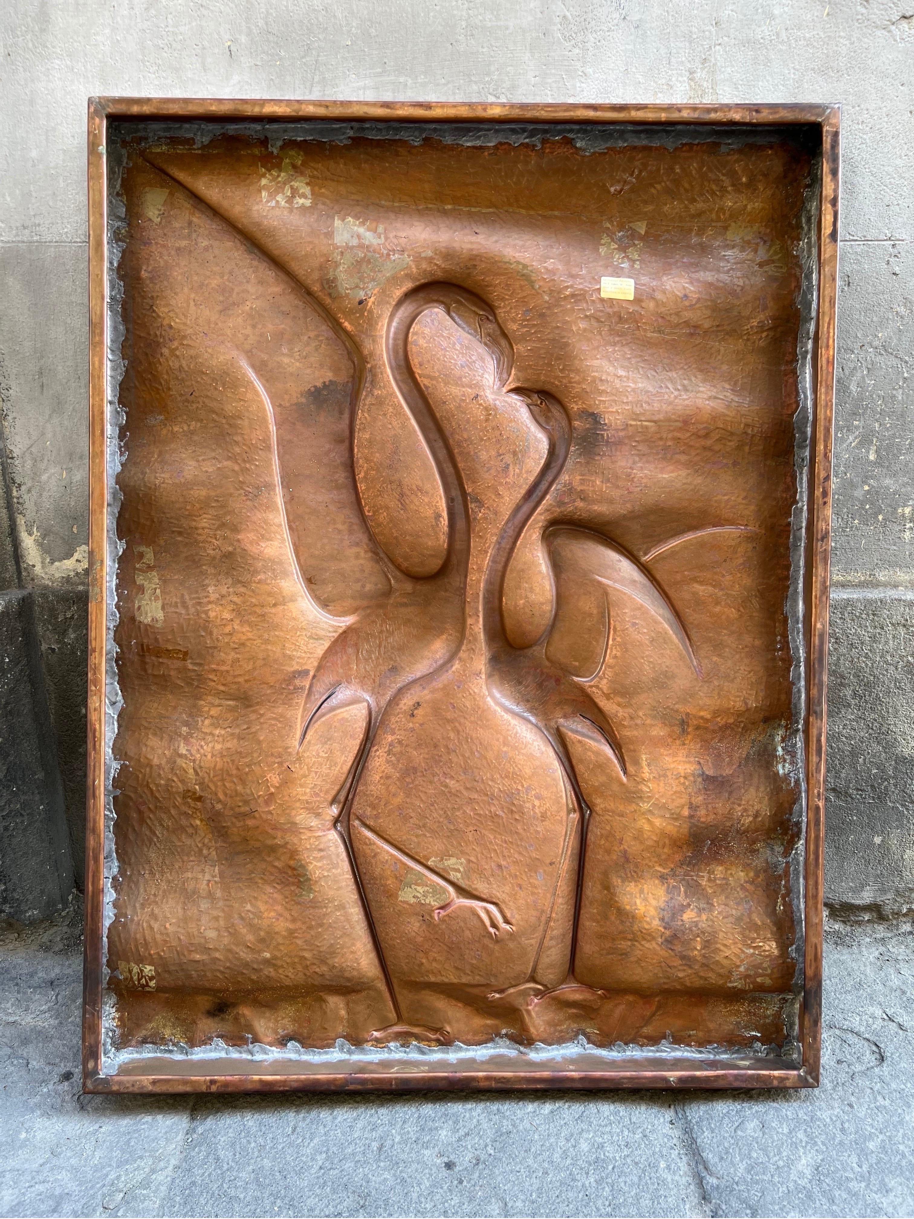 Vintage Copper Embossed Wall Panel Sculpture Representing Two Swans, 1970s 4