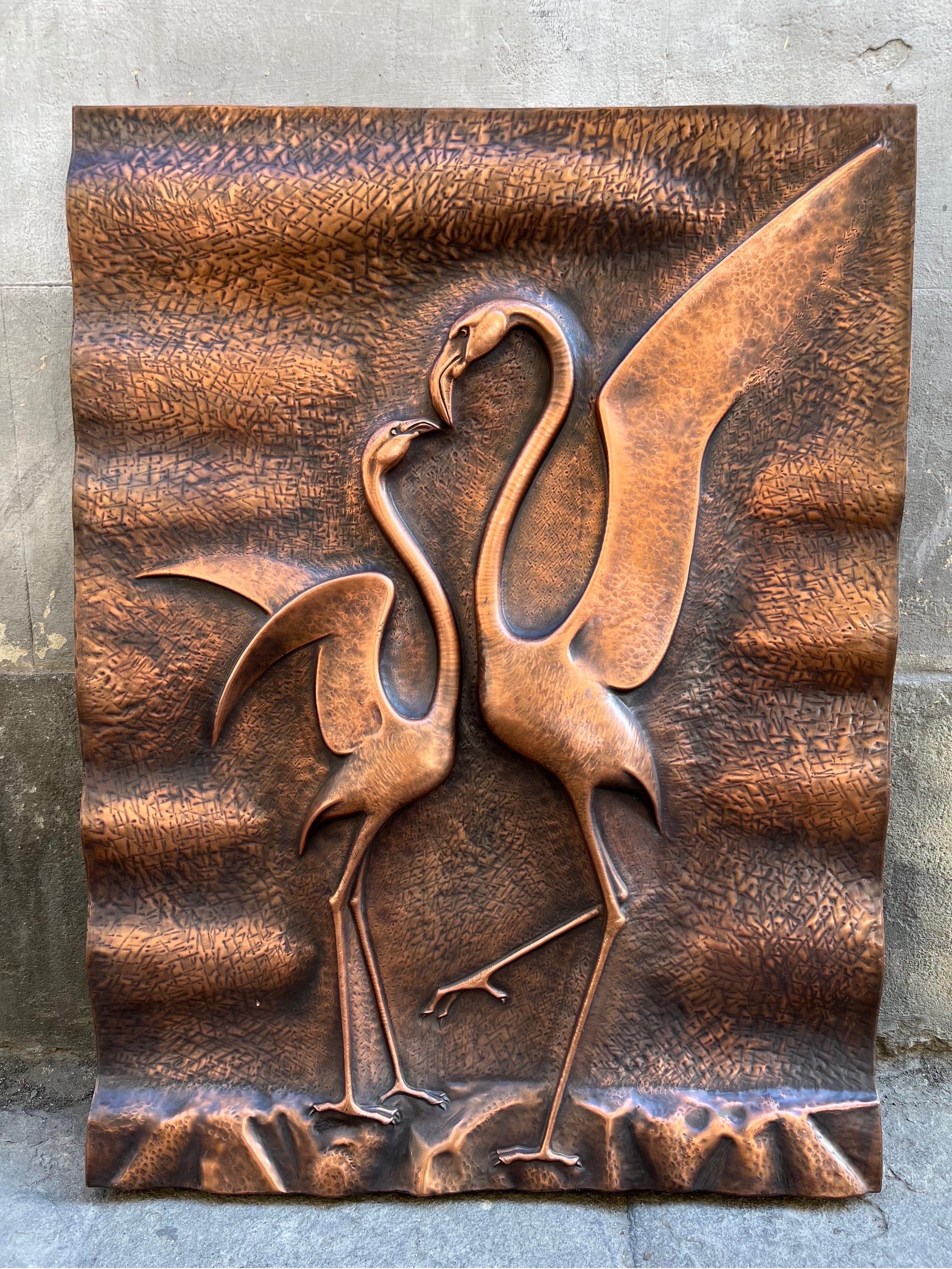 Mid-Century Modern Vintage Copper Embossed Wall Panel Sculpture Representing Two Swans, 1970s
