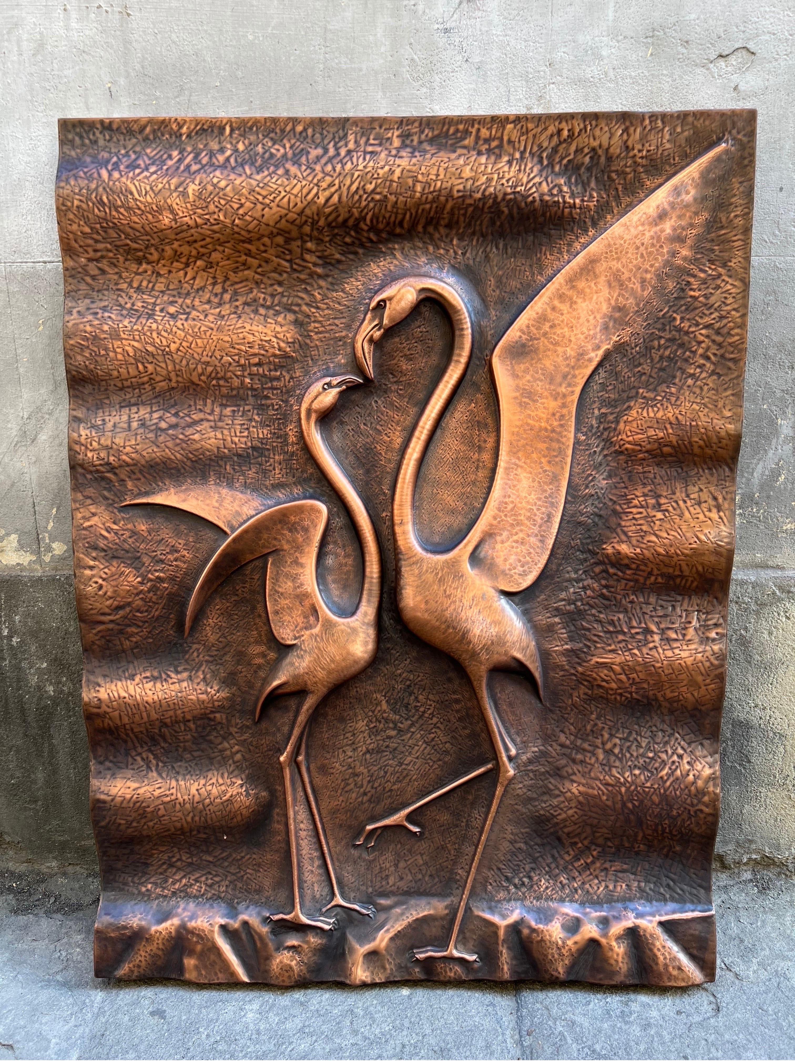 Italian Vintage Copper Embossed Wall Panel Sculpture Representing Two Swans, 1970s
