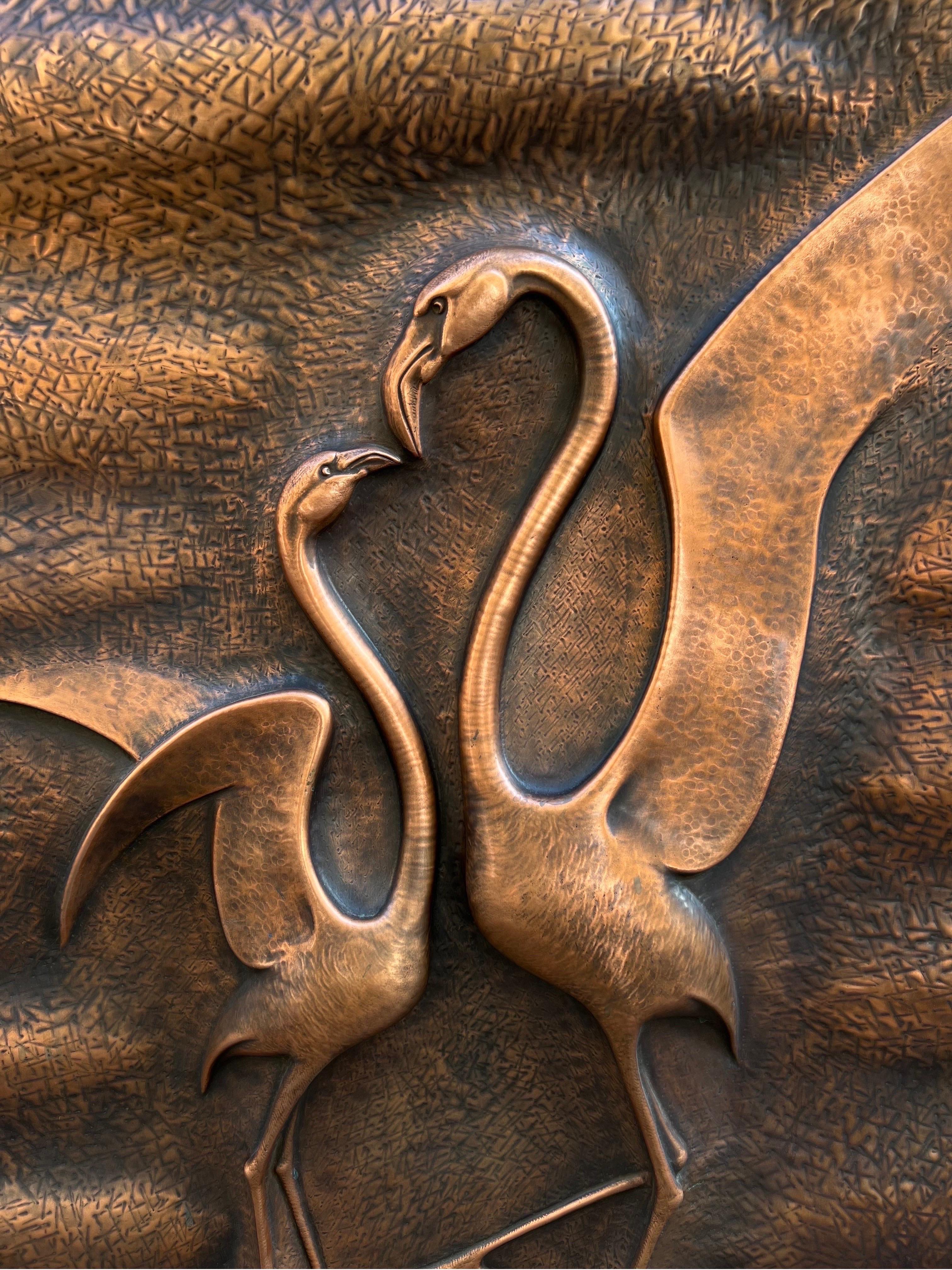 Vintage Copper Embossed Wall Panel Sculpture Representing Two Swans, 1970s In Excellent Condition In Florence, IT