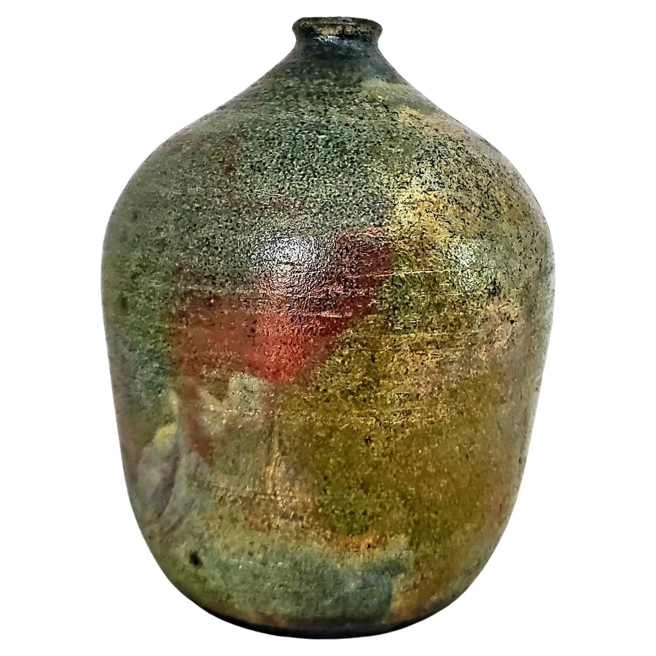 Hand Thrown Japanese Raku Vase In Silver Blues, Magenta and Ambers For