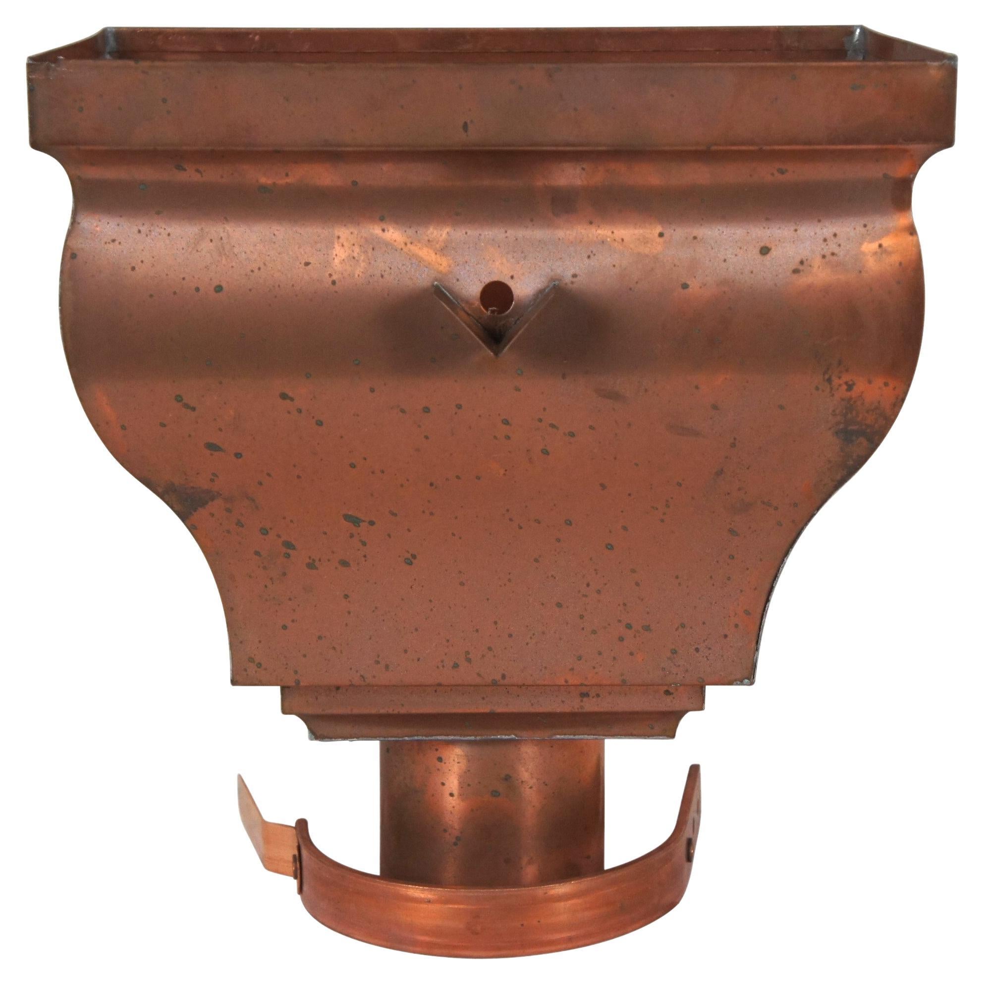 Vintage Copper Gutter Leader Head Hopper w/ Overflow Pipe Outlet Downspout 14" For Sale