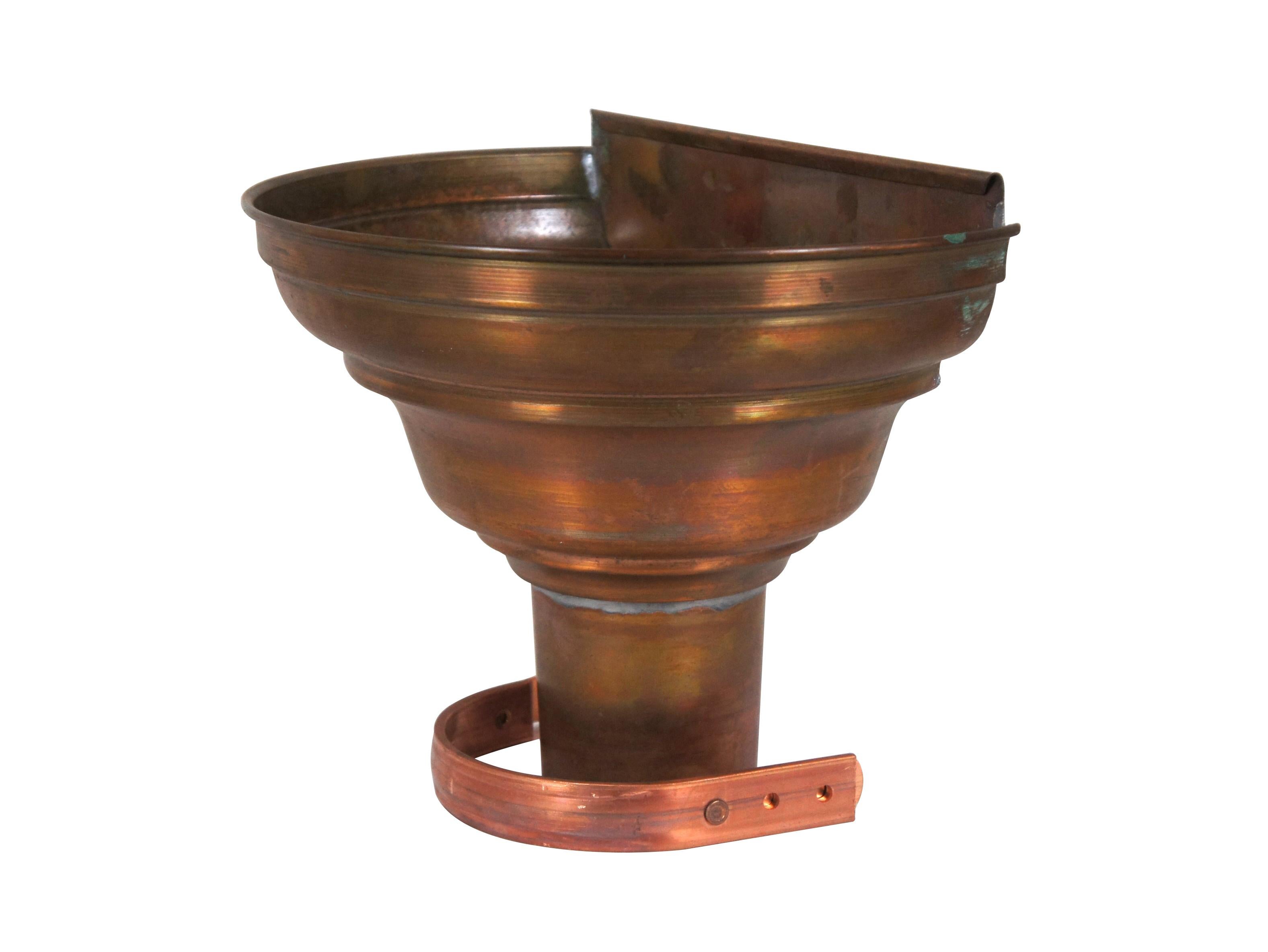Late 20th century copper gutter leader head / leader box / hopper featuring a ridged and tapered half round / demi-lune form. Base Diameter 4