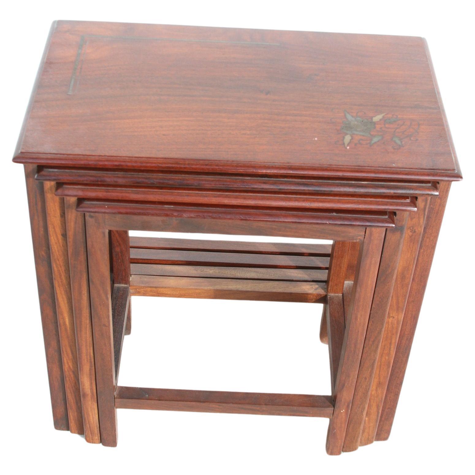 American Vintage Copper Inlaid Nesting Tables For Sale