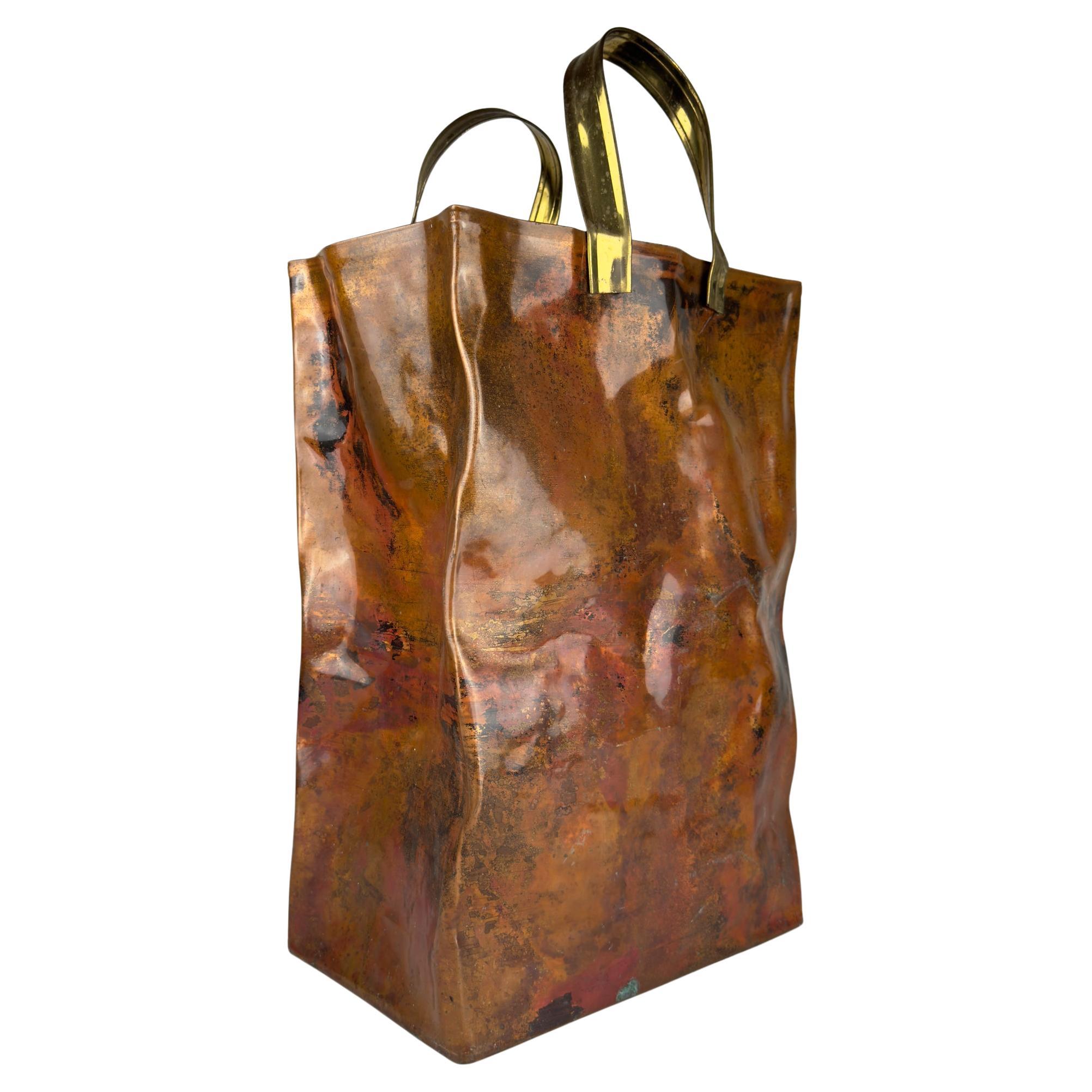 Vintage Copper Magazine Rack "Shopper Bag" with Brass Handles, Italy 1970s