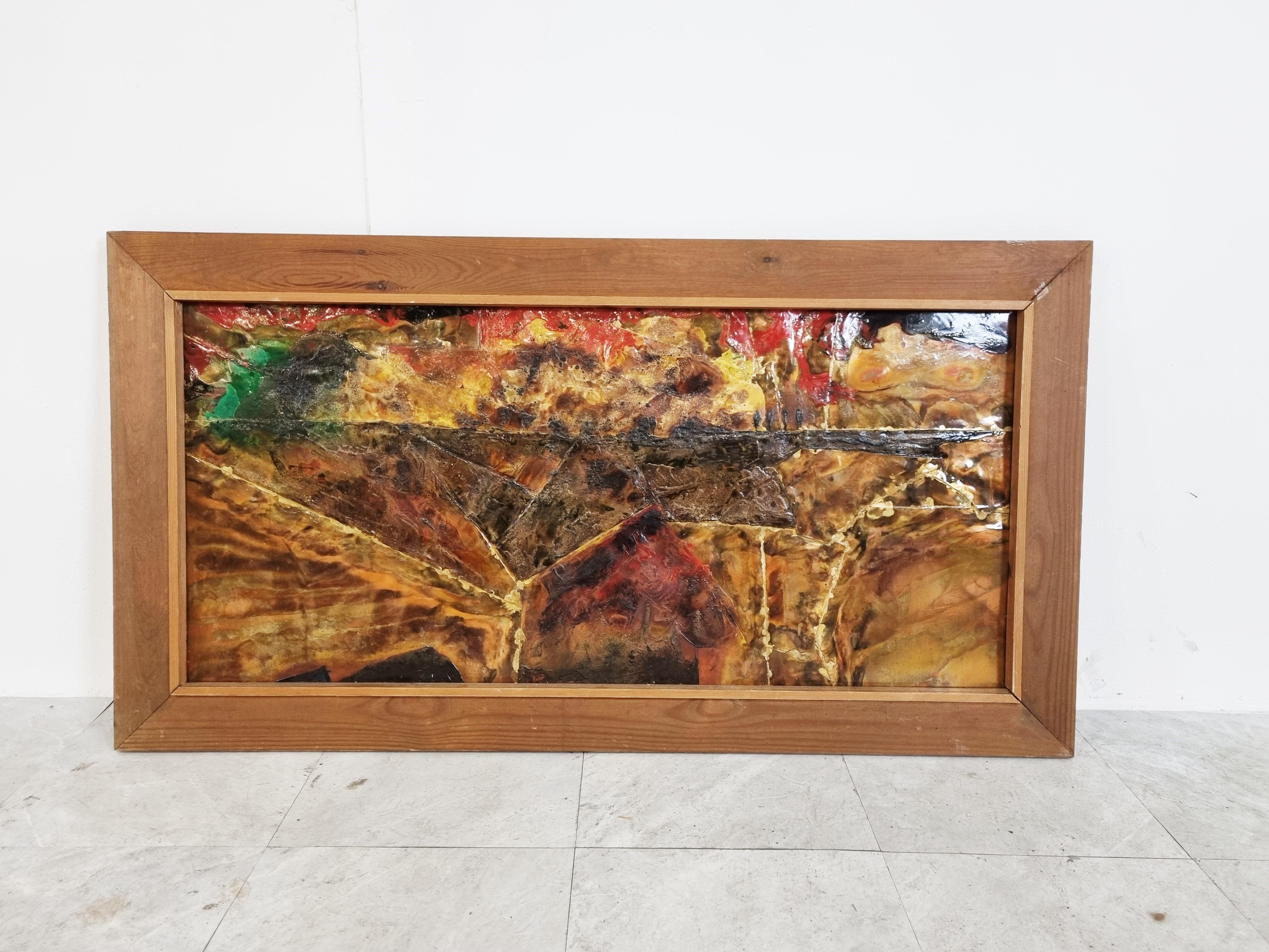 Kunstwerk des belgischen Künstlers Germain Rotsaert aus der Mitte des Jahrhunderts, der geschmolzenes und bemaltes Kupfer verwendet, um farbenfrohe grafische Werke zu schaffen.

Signiert unten links
?
Maße: Höhe: 61cm/24.01