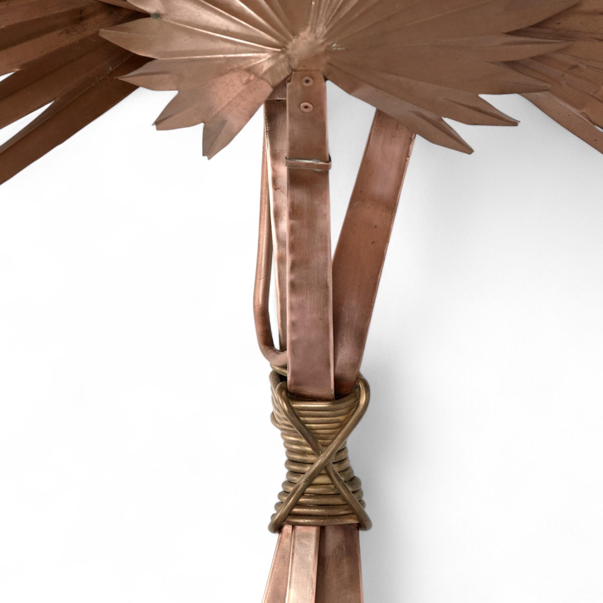 Hand-Crafted Vintage Copper Palm Leaf Wall Sconce For Sale