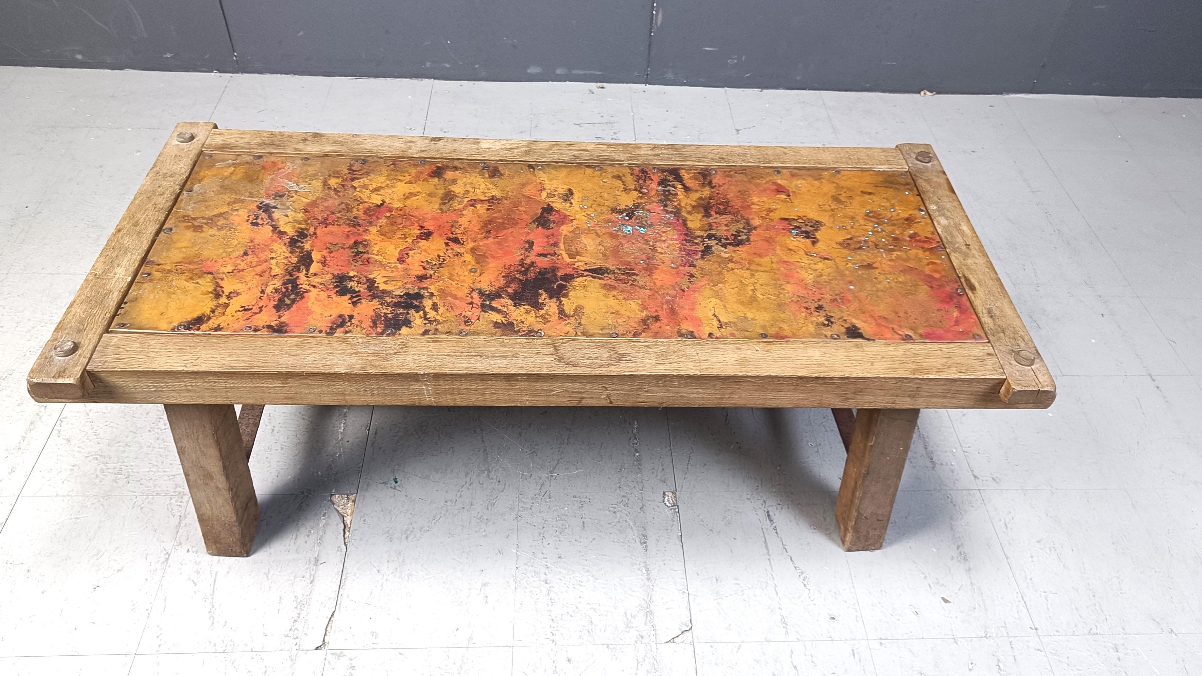 Rustic Vintage copper plated brutalist coffee table, 1970s For Sale