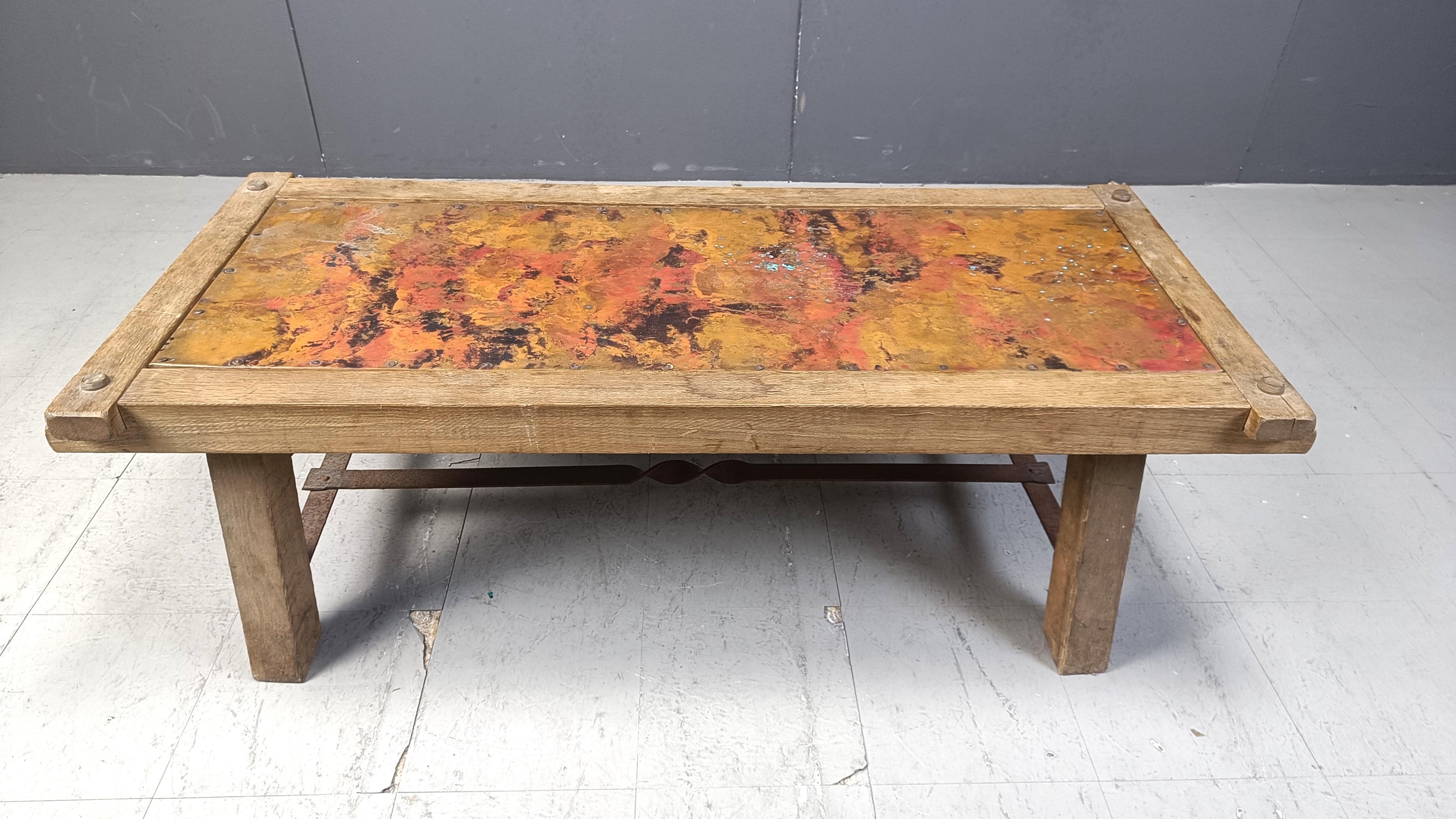 German Vintage copper plated brutalist coffee table, 1970s For Sale