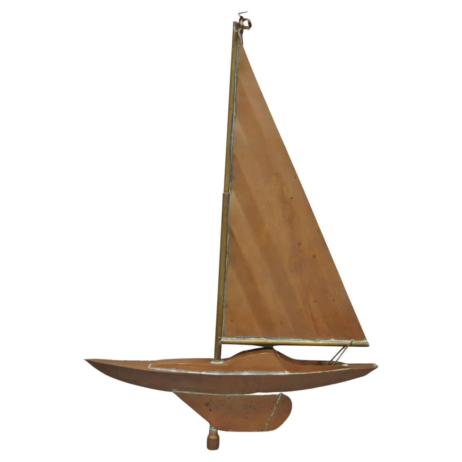 Vintage Copper Sailboat Ship 38" Weathervane Hand Crafted Folk Art en vente