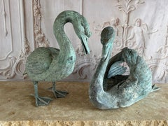 Vintage Copper Swan Sculptures, Verdigris Patina, Garden Décor, Europe