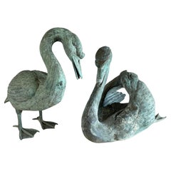Vintage Copper Swan Sculptures, Verdigris Patina, Garden Décor, Europe