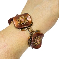 Vintage copper tone plastic metal flowers sand stones designer link bracelet