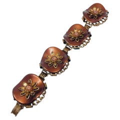 Vintage copper tone plastic metal flowers sand stones designer link bracelet