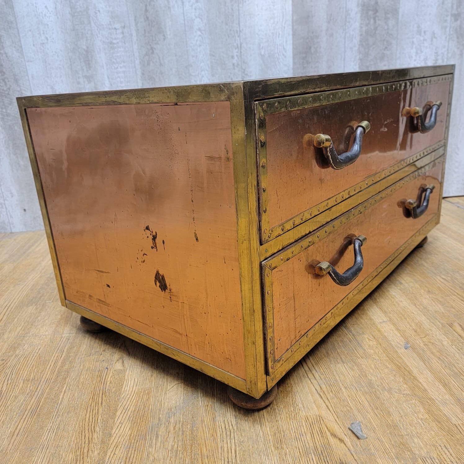 Mid-Century Modern Vintage Copper Trunk Style Coffee Table with Leather Handles