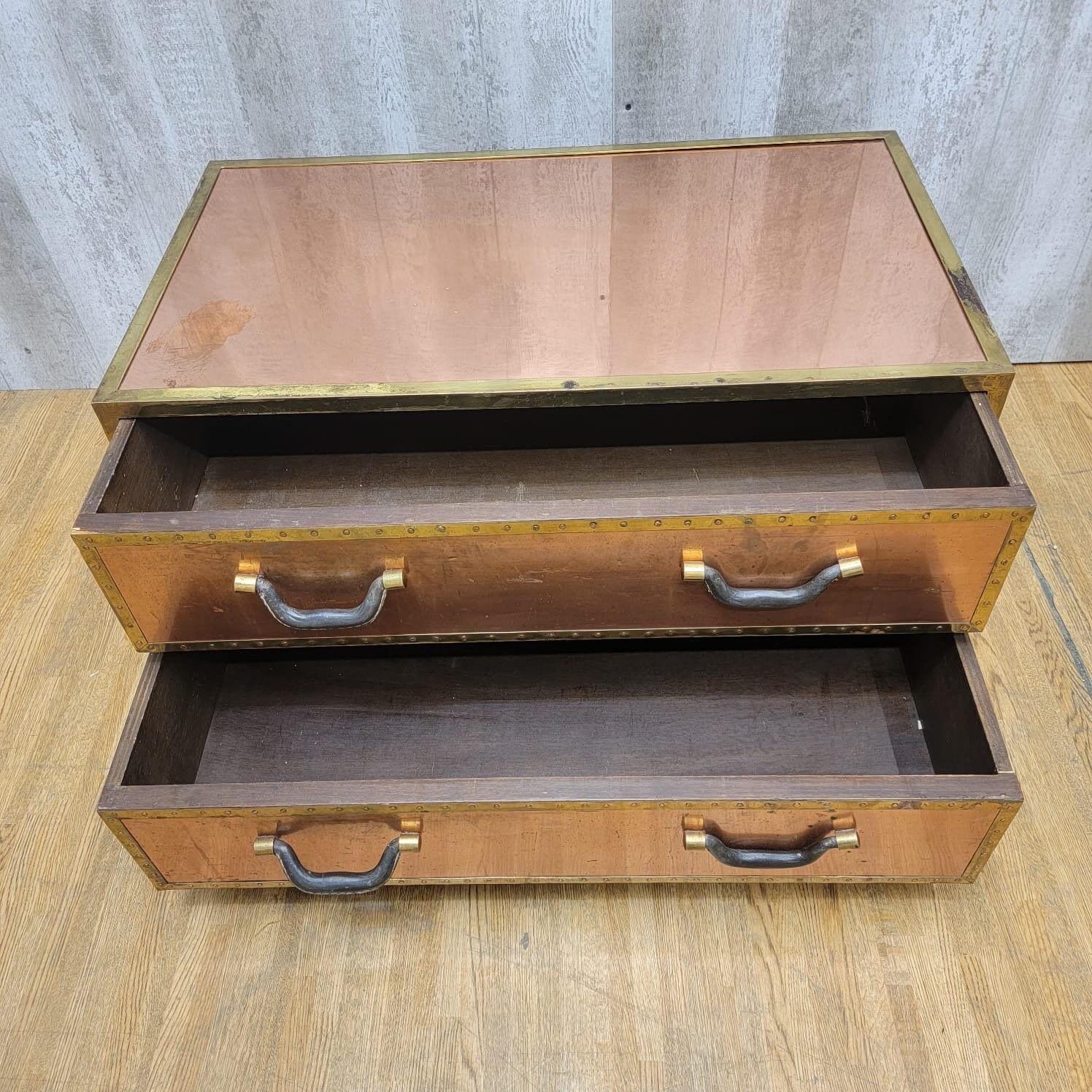 Unknown Vintage Copper Trunk Style Coffee Table with Leather Handles