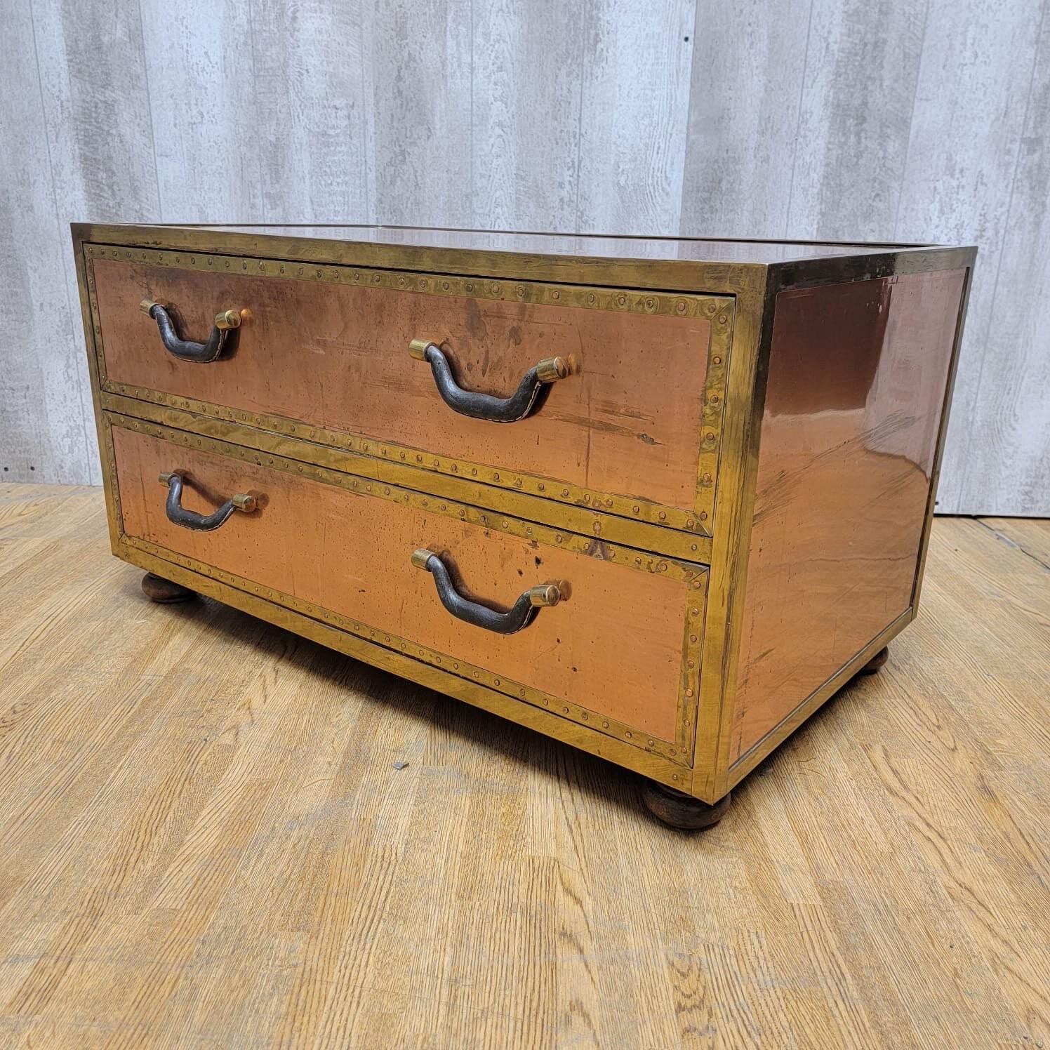 Hand-Crafted Vintage Copper Trunk Style Coffee Table with Leather Handles For Sale