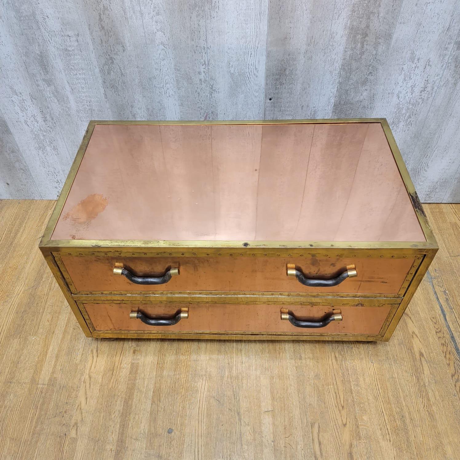Vintage Copper Trunk Style Coffee Table with Leather Handles 1