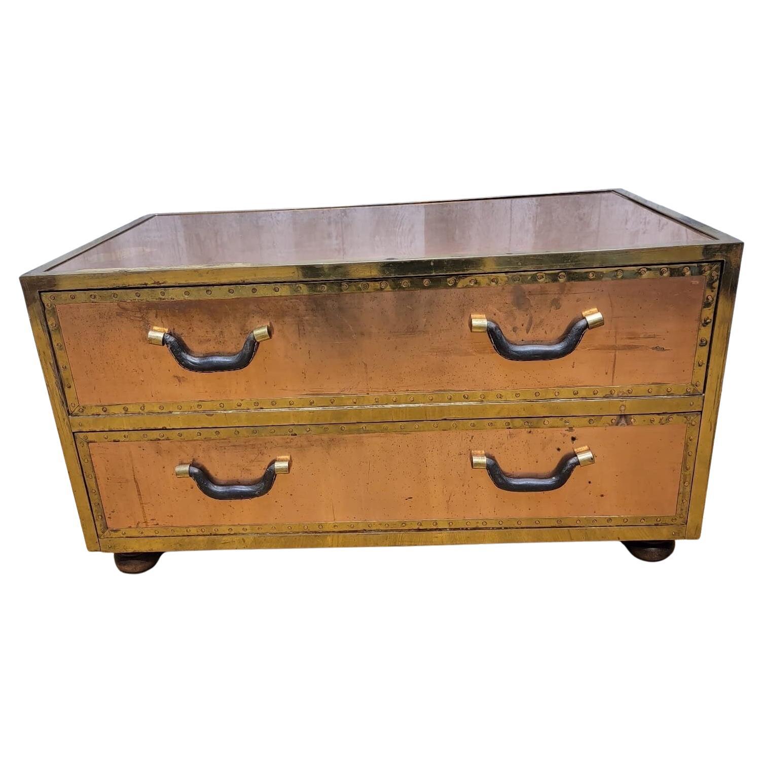 Vintage Copper Trunk Style Coffee Table with Leather Handles