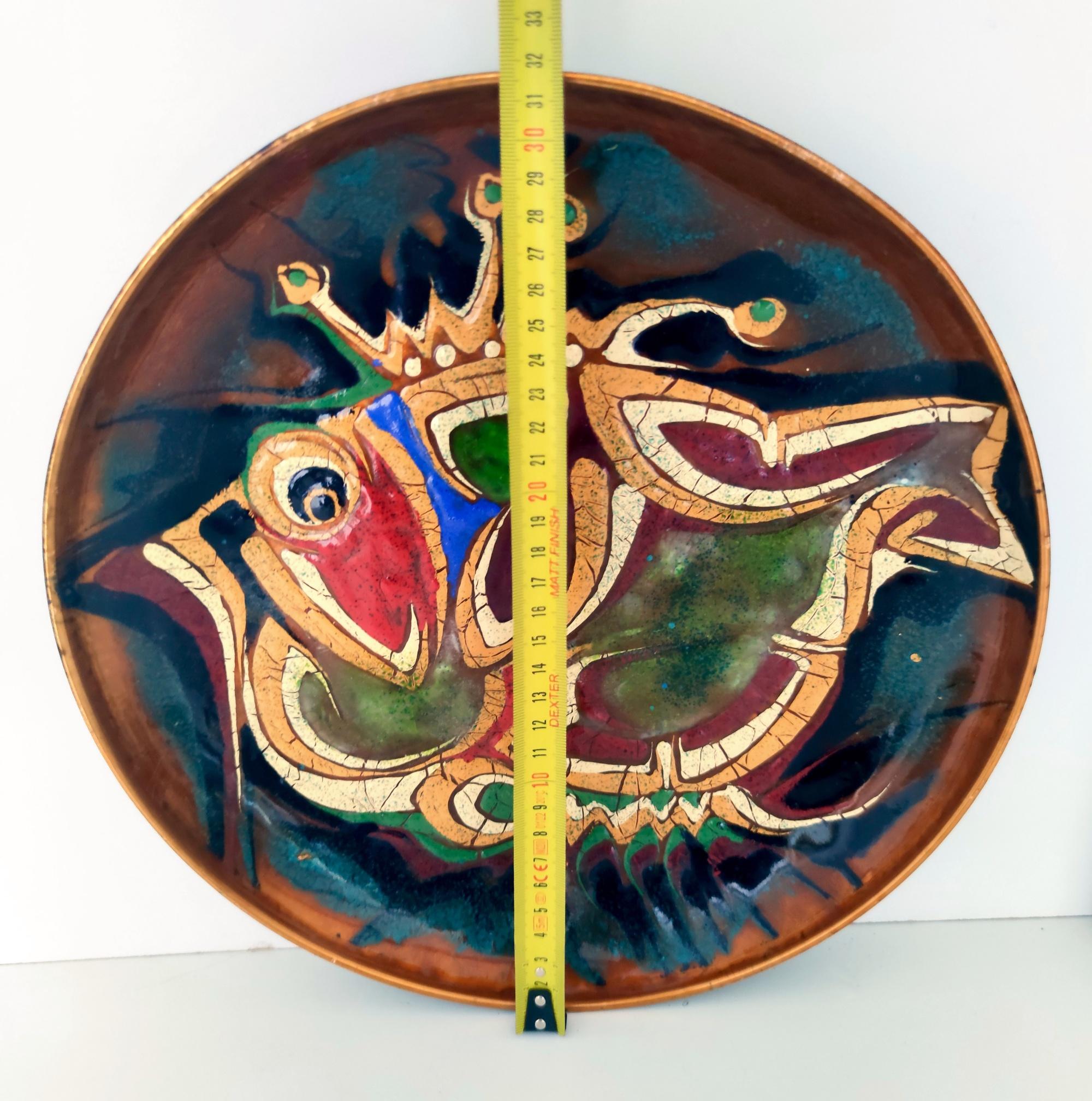 Vintage Copper Vide-Poche / Decorative Plate with a Hand-Painted Fish For Sale 5